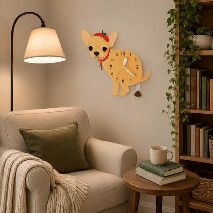 Yellow Chihuahua gift idea with silent quartz movement and swinging poop pendulum