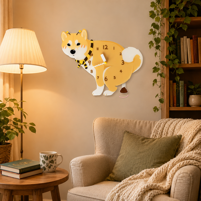 Yellow Shiba Inu gift idea with silent quartz movement and swinging poop pendulum