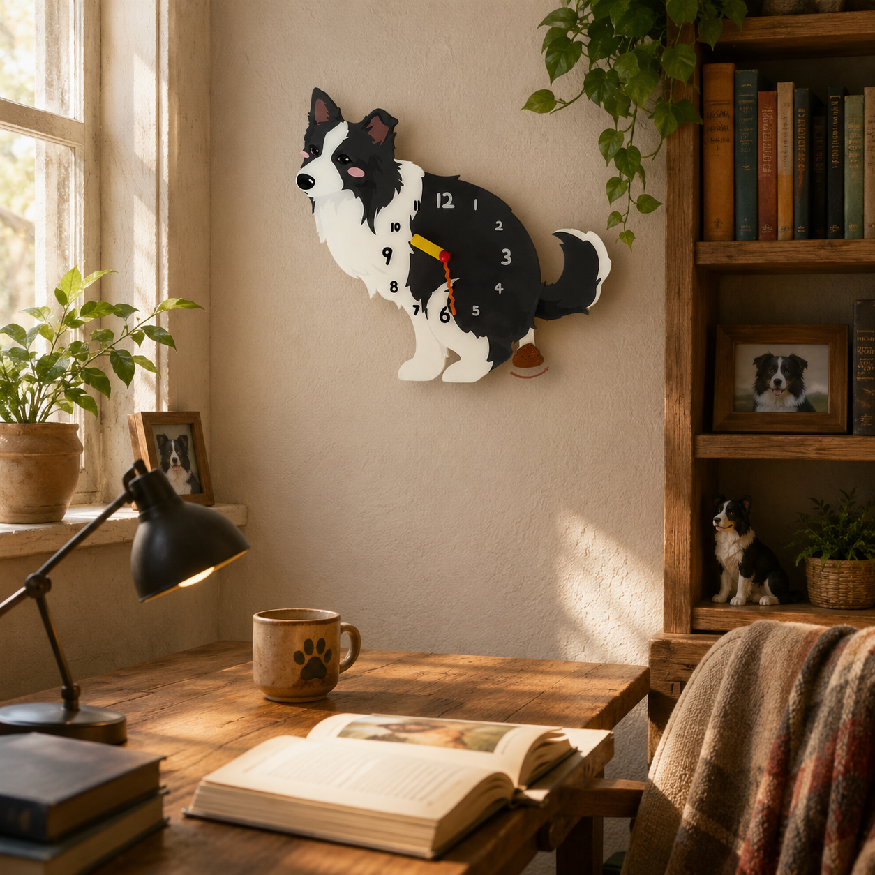 Black and White Border Collie gift idea with silent quartz movement and swinging poop pendulum