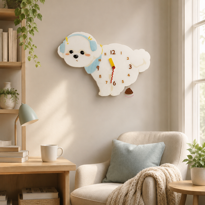 Band Bichon Frise gift idea with silent quartz movement and swinging poop pendulum