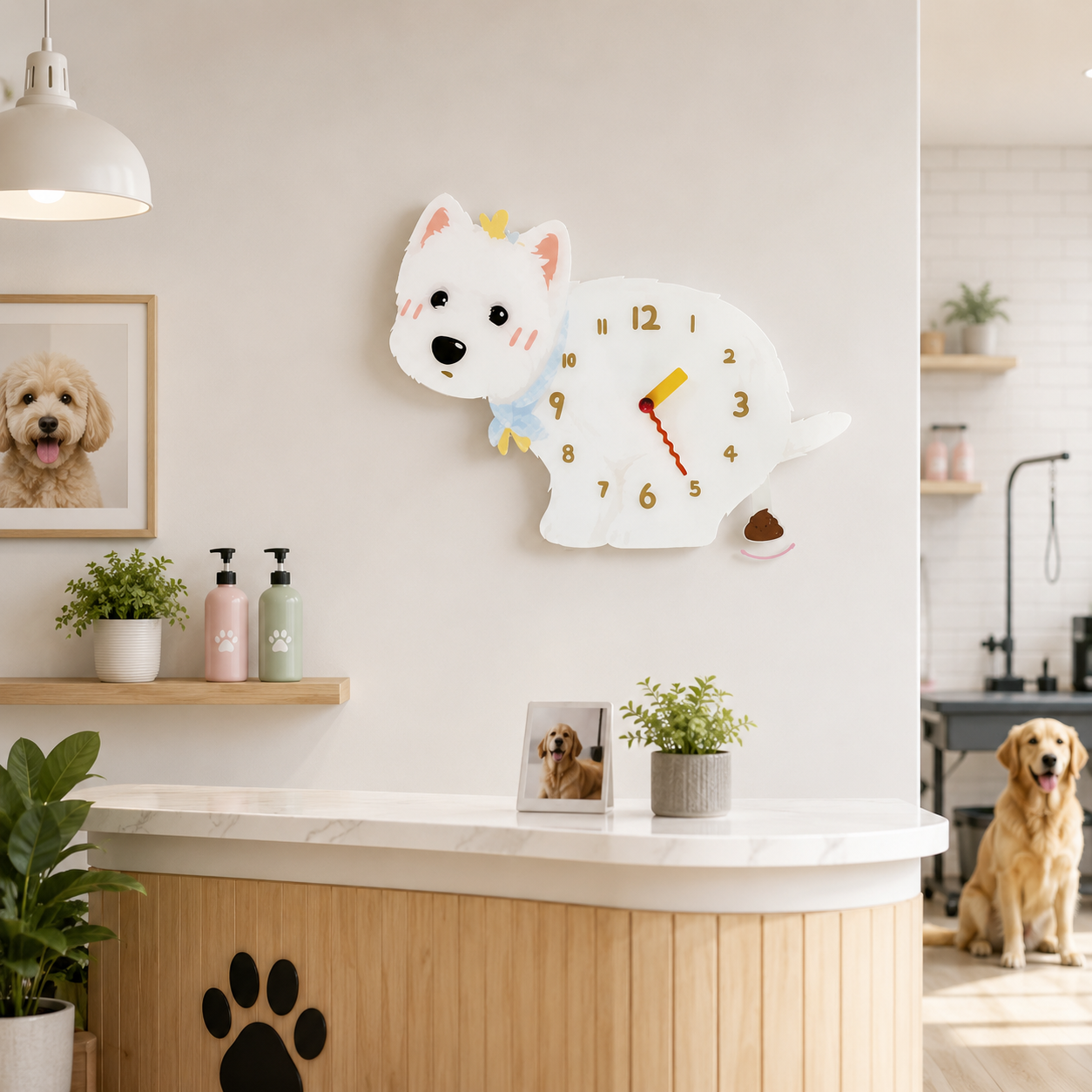 West Highland White Terrier gift idea with silent quartz movement and swinging poop pendulum