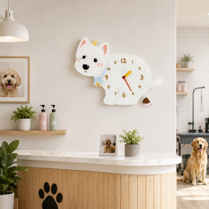 West Highland White Terrier gift idea with silent quartz movement and swinging poop pendulum