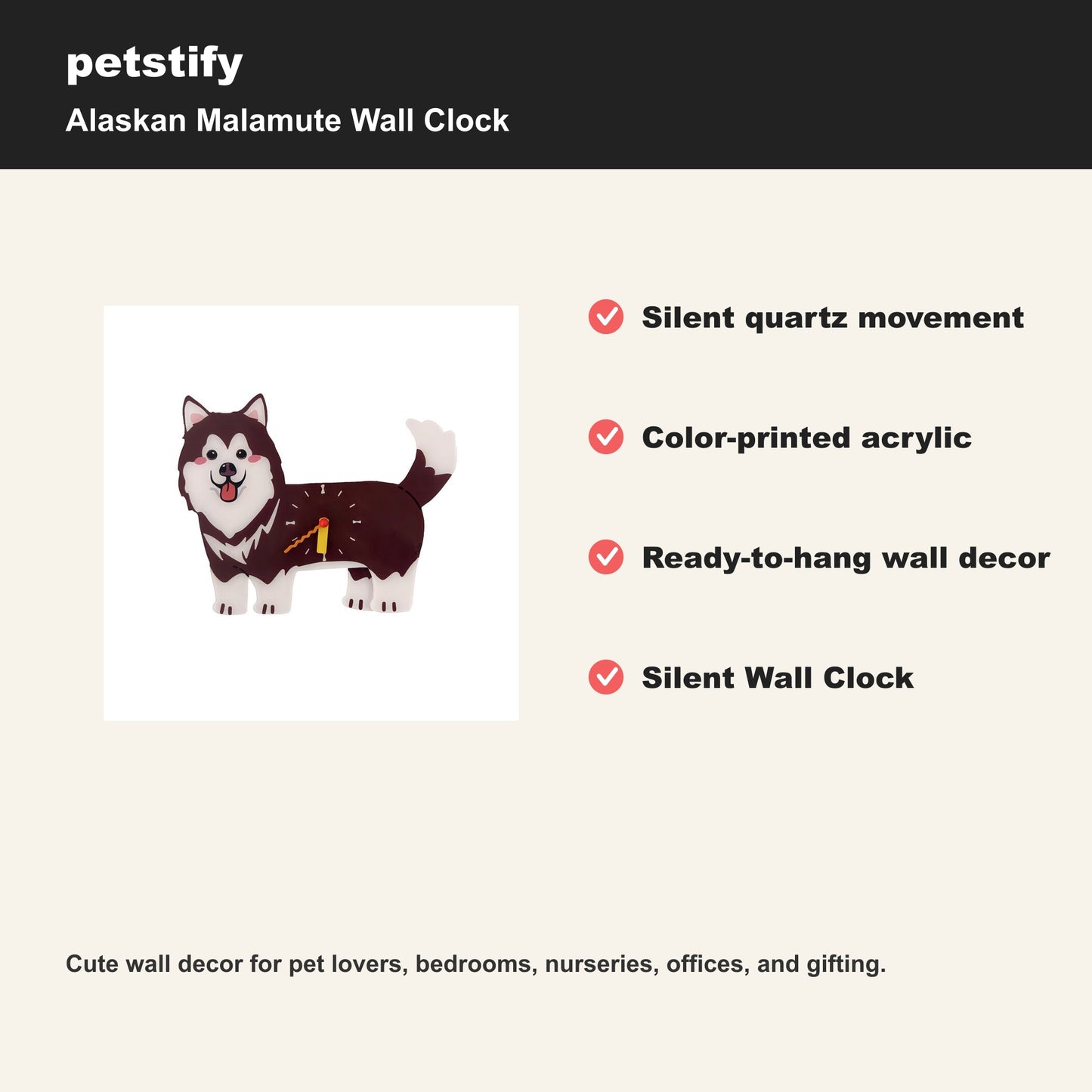 Petstify Alaskan Malamute dog wall clock - alternate angle showing scale and proportions