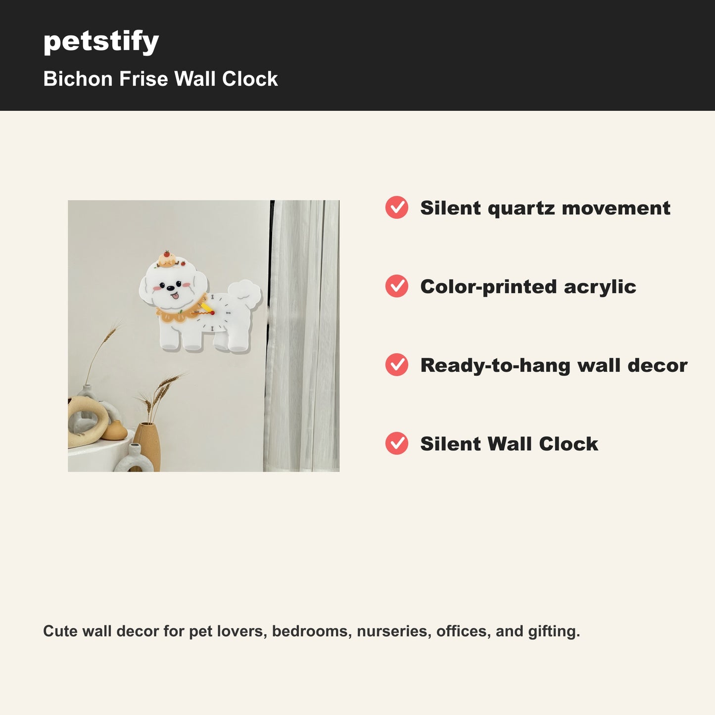 Petstify Bichon Frise dog wall clock - alternate angle showing scale and proportions