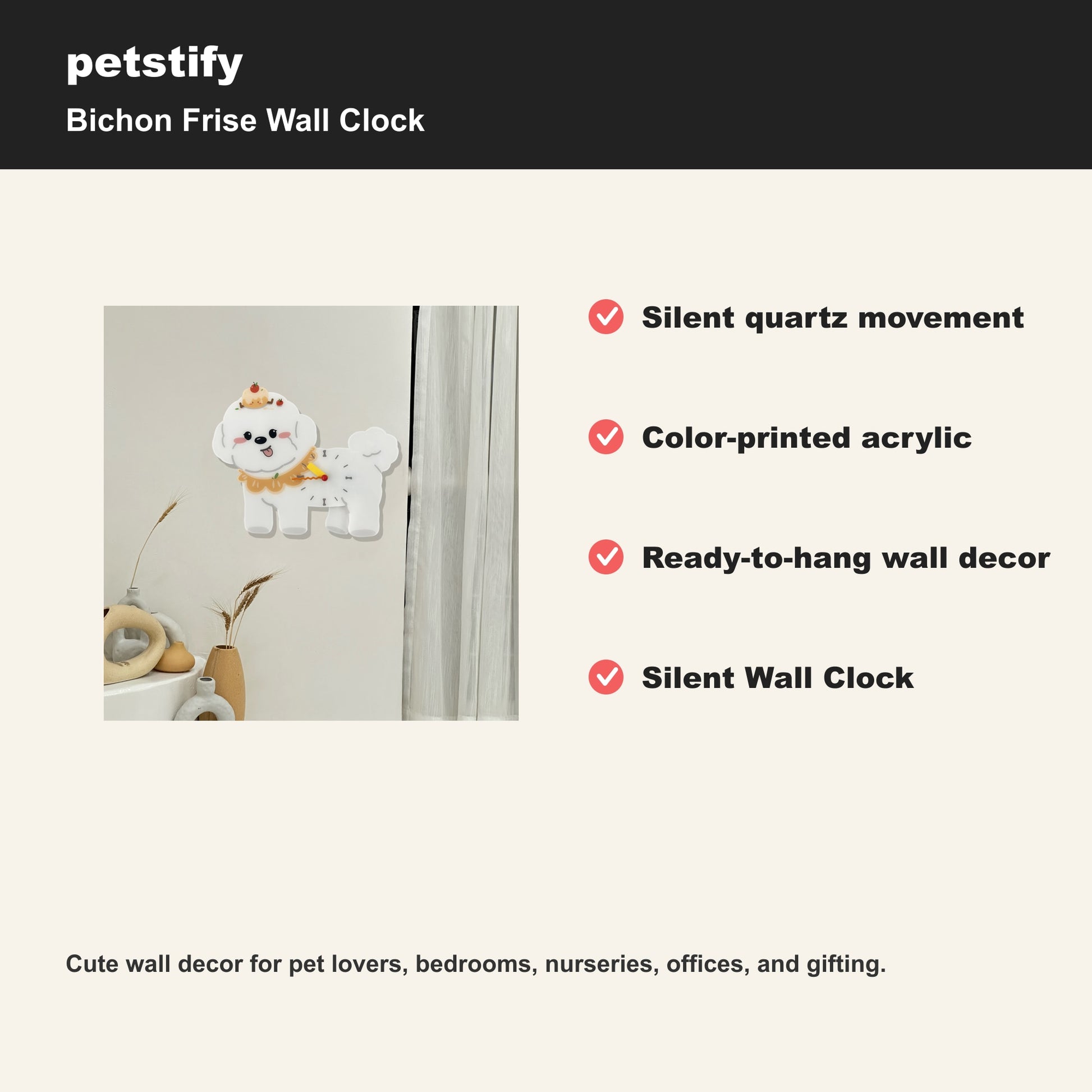 Petstify Bichon Frise dog wall clock - alternate angle showing scale and proportions