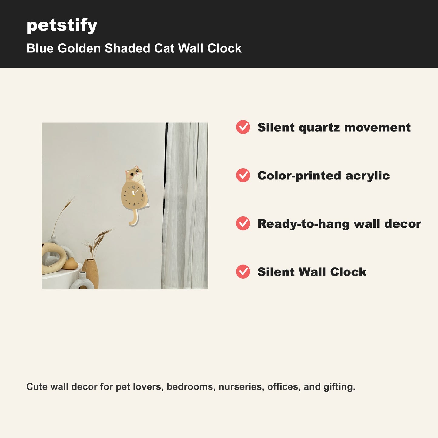 Petstify Blue Golden Shaded Cat cat wall clock - alternate angle showing scale and proportions