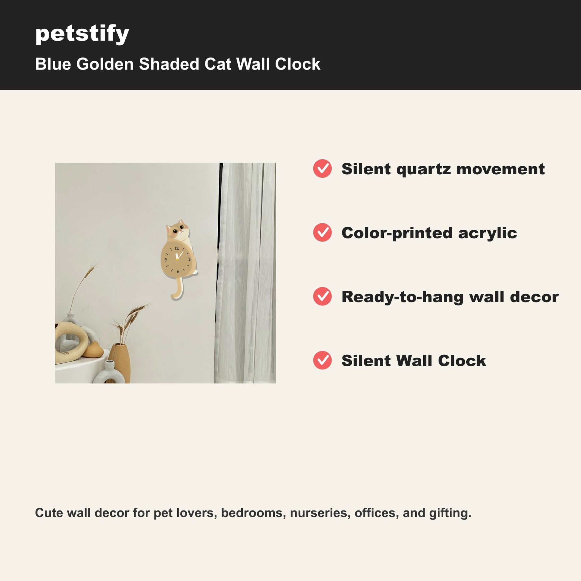 Petstify Blue Golden Shaded Cat cat wall clock - alternate angle showing scale and proportions
