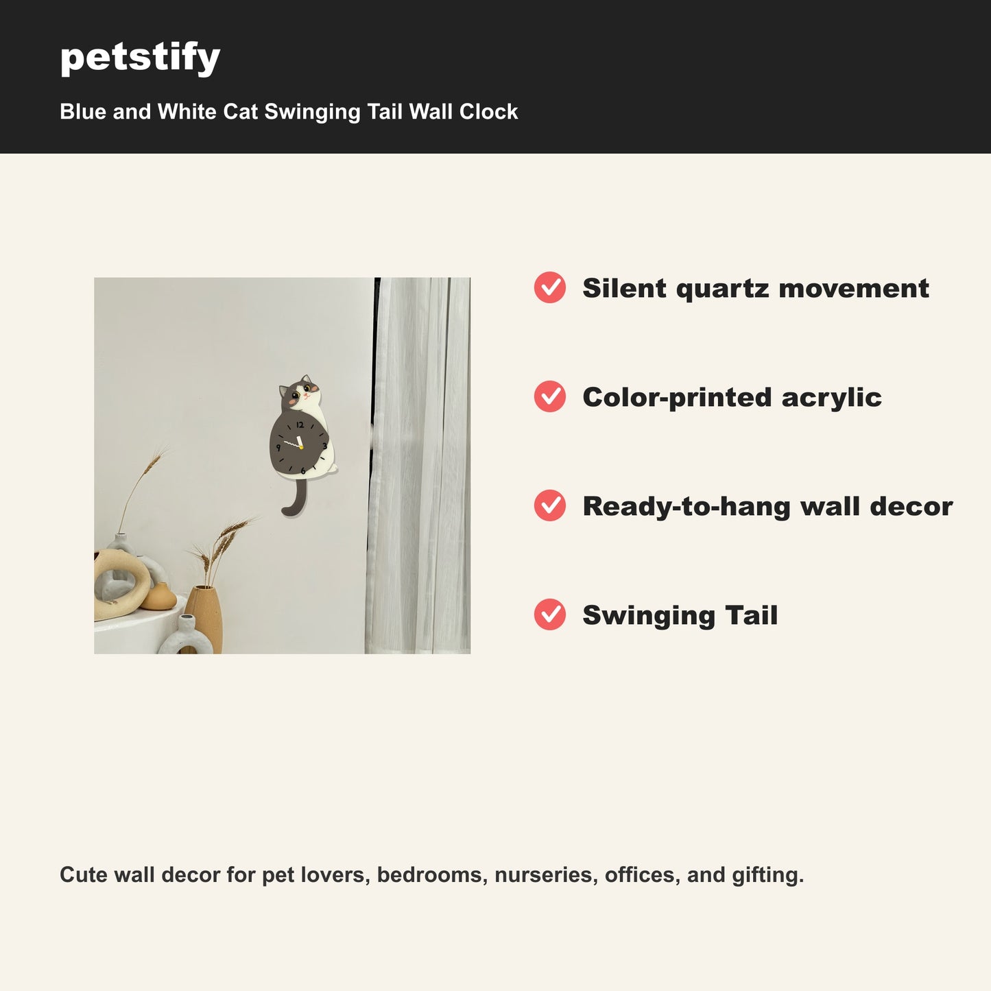 Petstify Blue and White Cat cat wall clock - alternate angle showing scale and proportions