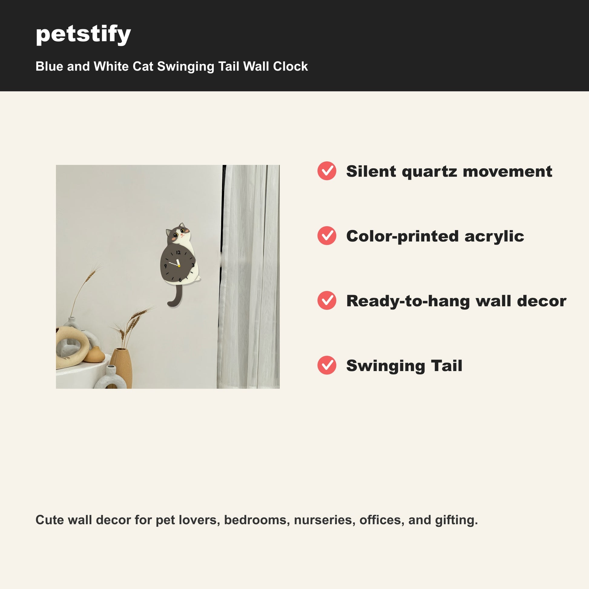 Petstify Blue and White Cat cat wall clock - alternate angle showing scale and proportions