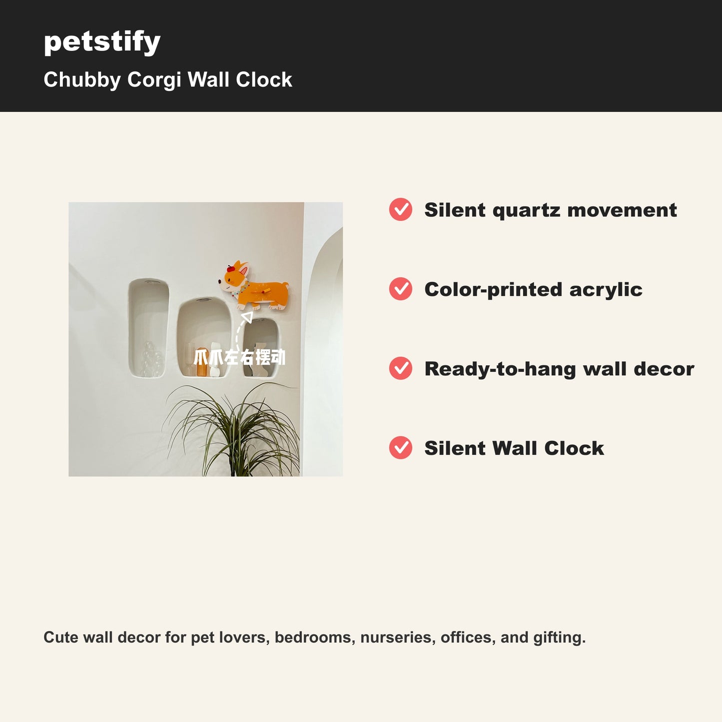 Petstify Chubby Corgi dog wall clock - alternate angle showing scale and proportions