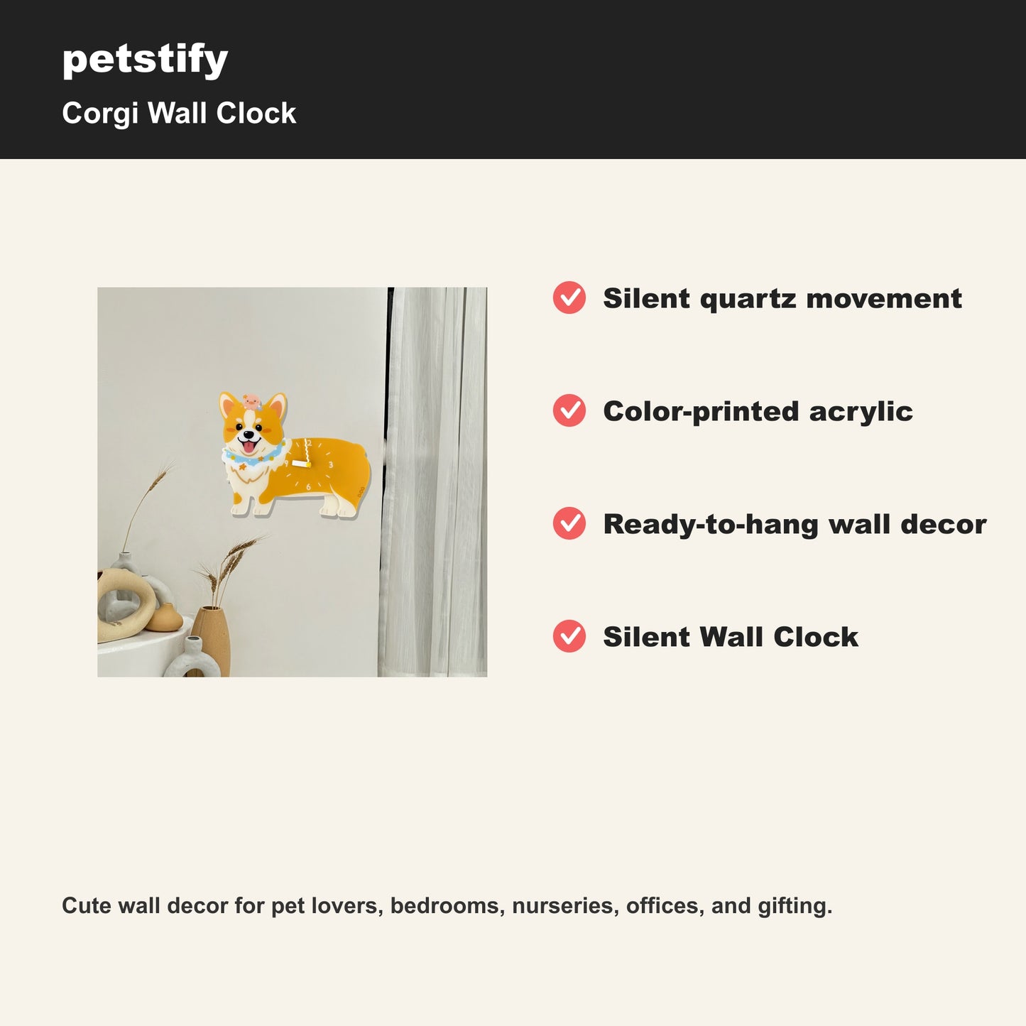 Petstify Corgi dog wall clock - alternate angle showing scale and proportions