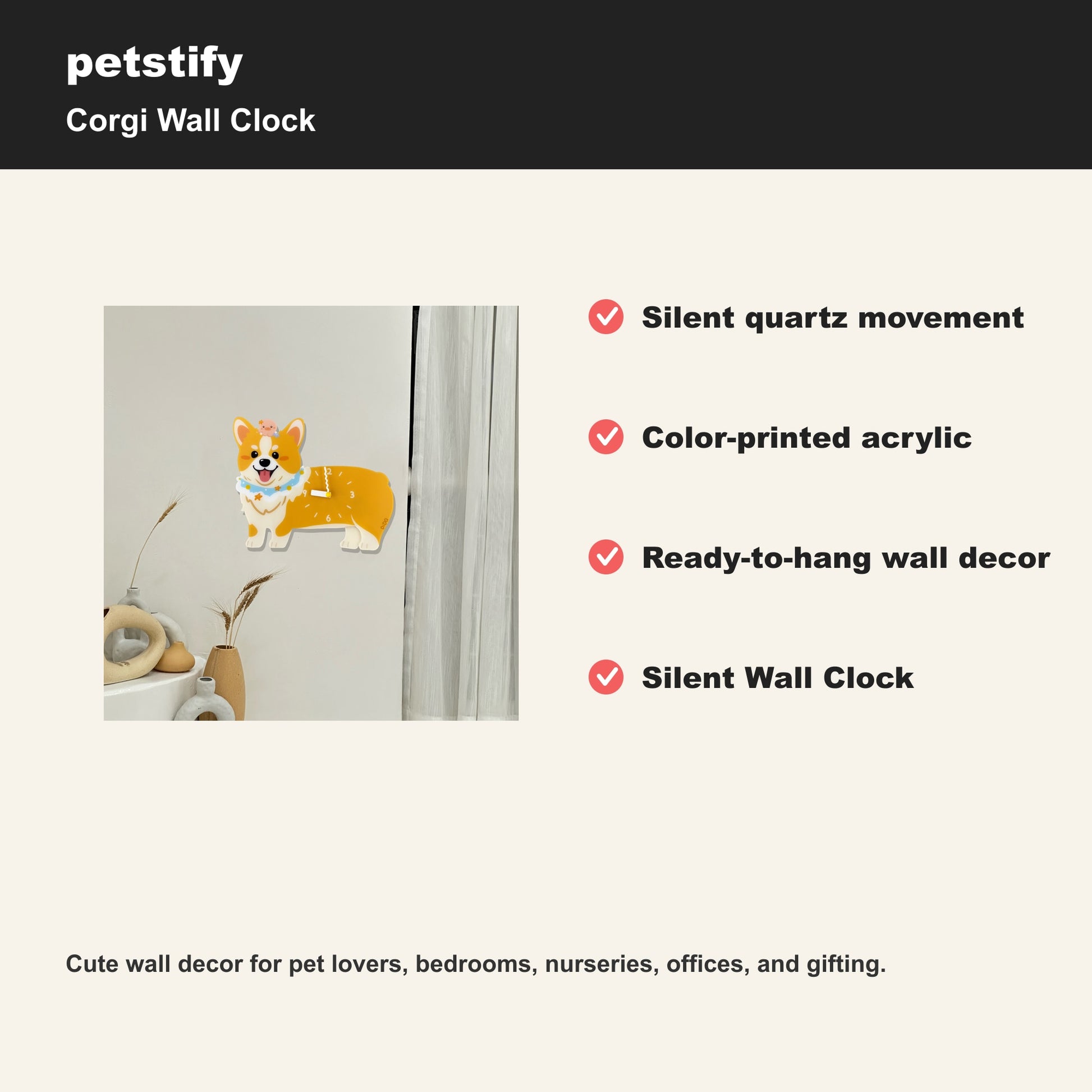 Petstify Corgi dog wall clock - alternate angle showing scale and proportions