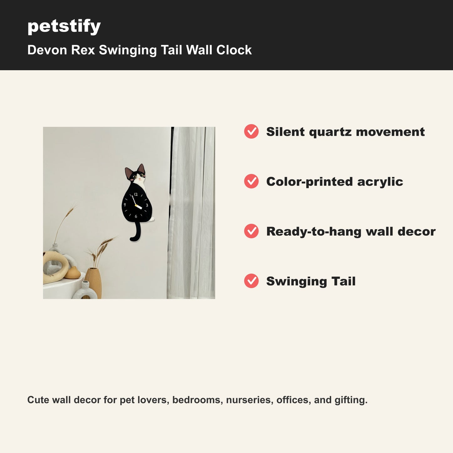 Petstify Devon Rex cat wall clock - alternate angle showing scale and proportions