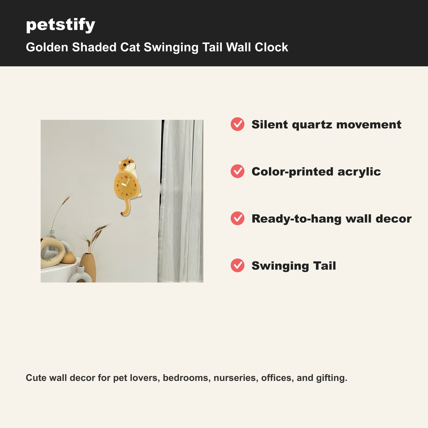Petstify Golden Shaded Cat cat wall clock - alternate angle showing scale and proportions