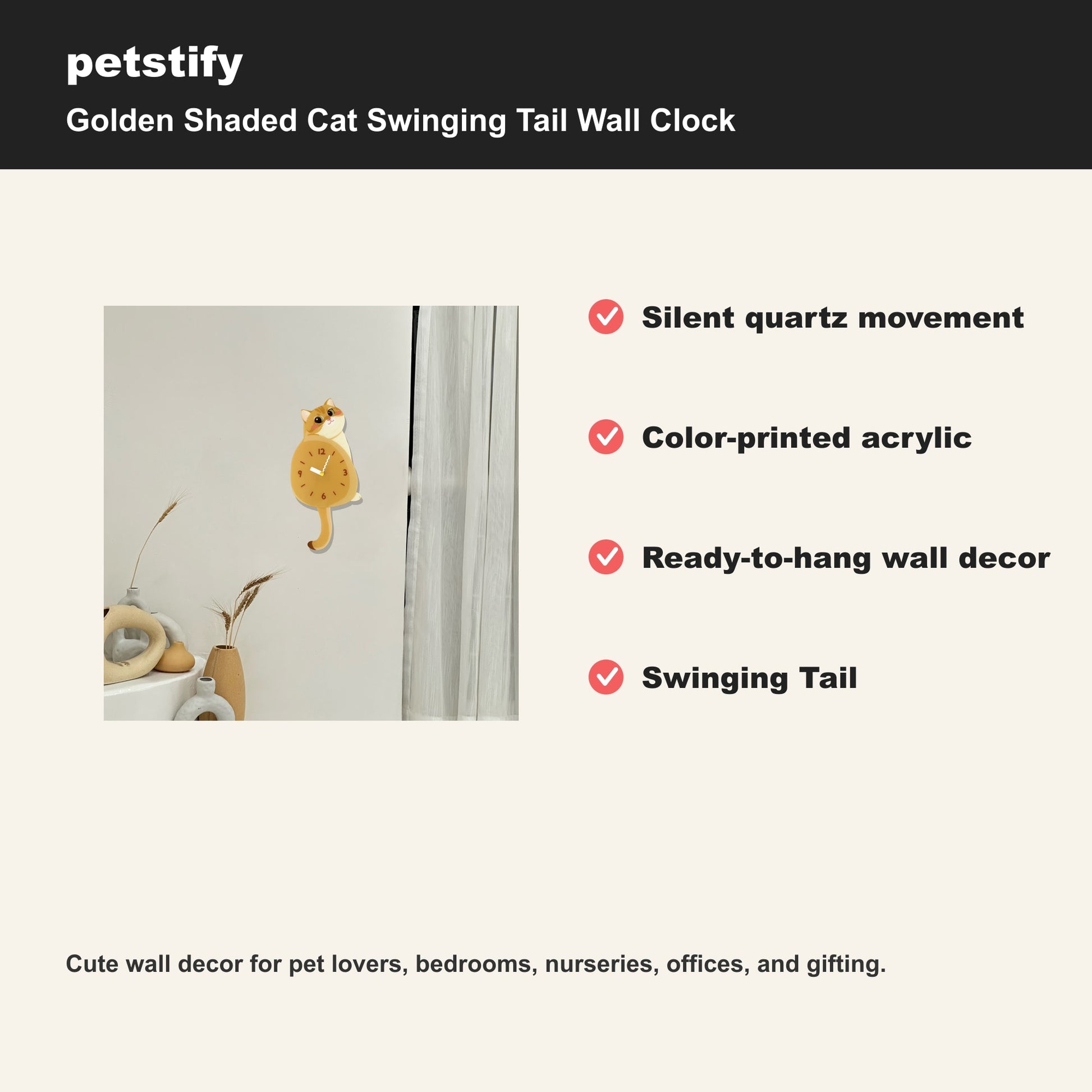 Petstify Golden Shaded Cat cat wall clock - alternate angle showing scale and proportions