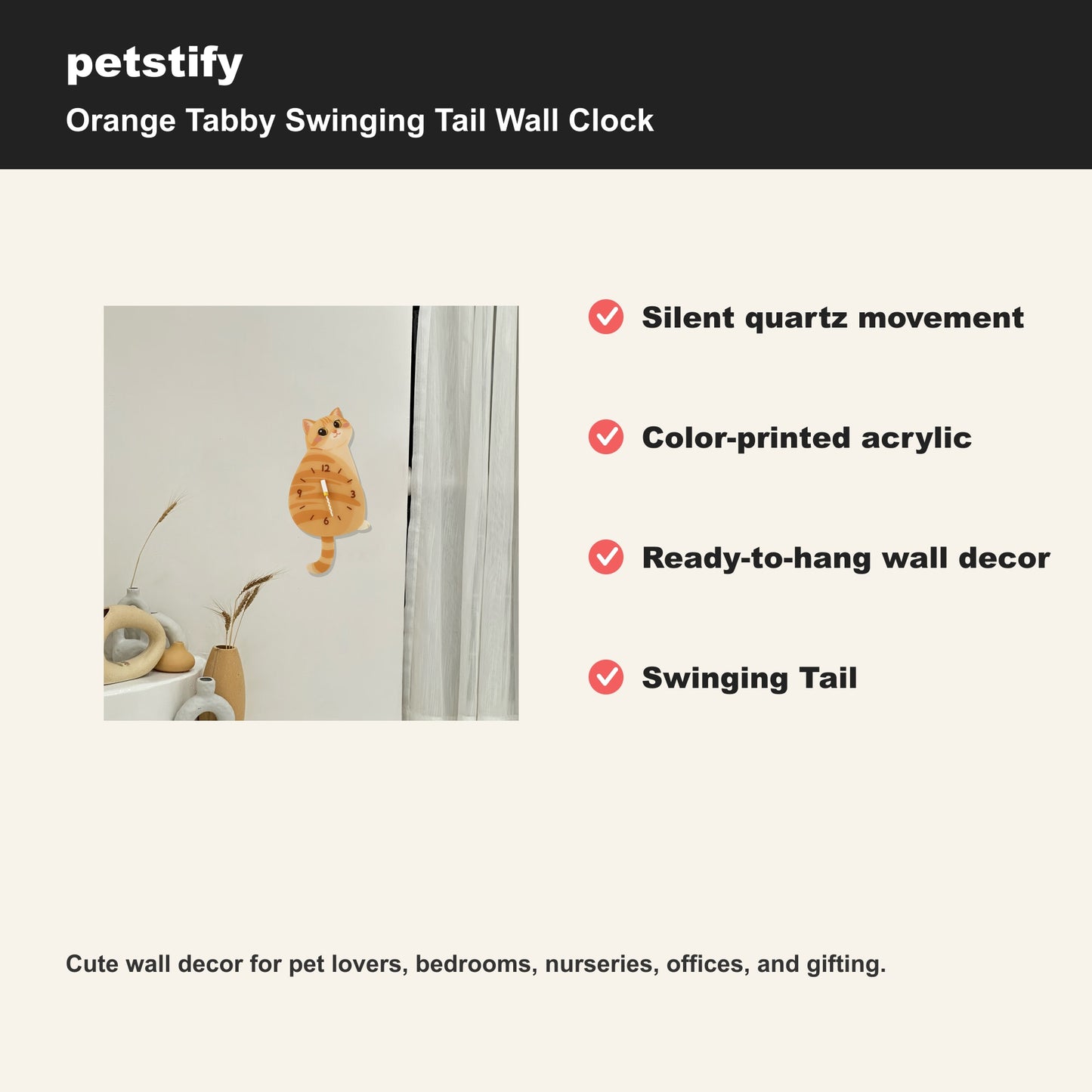 Petstify Orange Tabby cat wall clock - alternate angle showing scale and proportions