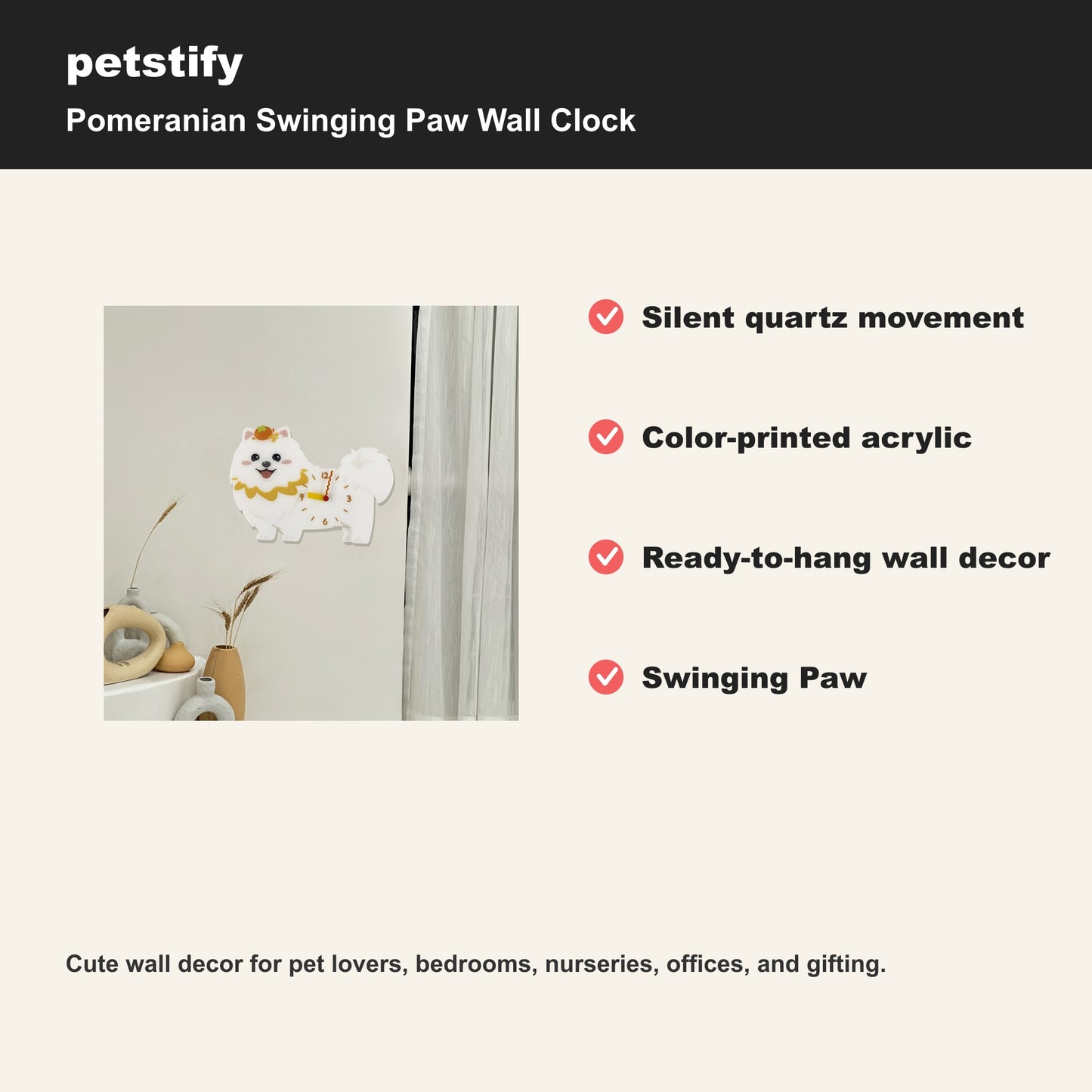 Petstify Pomeranian dog wall clock - alternate angle showing scale and proportions