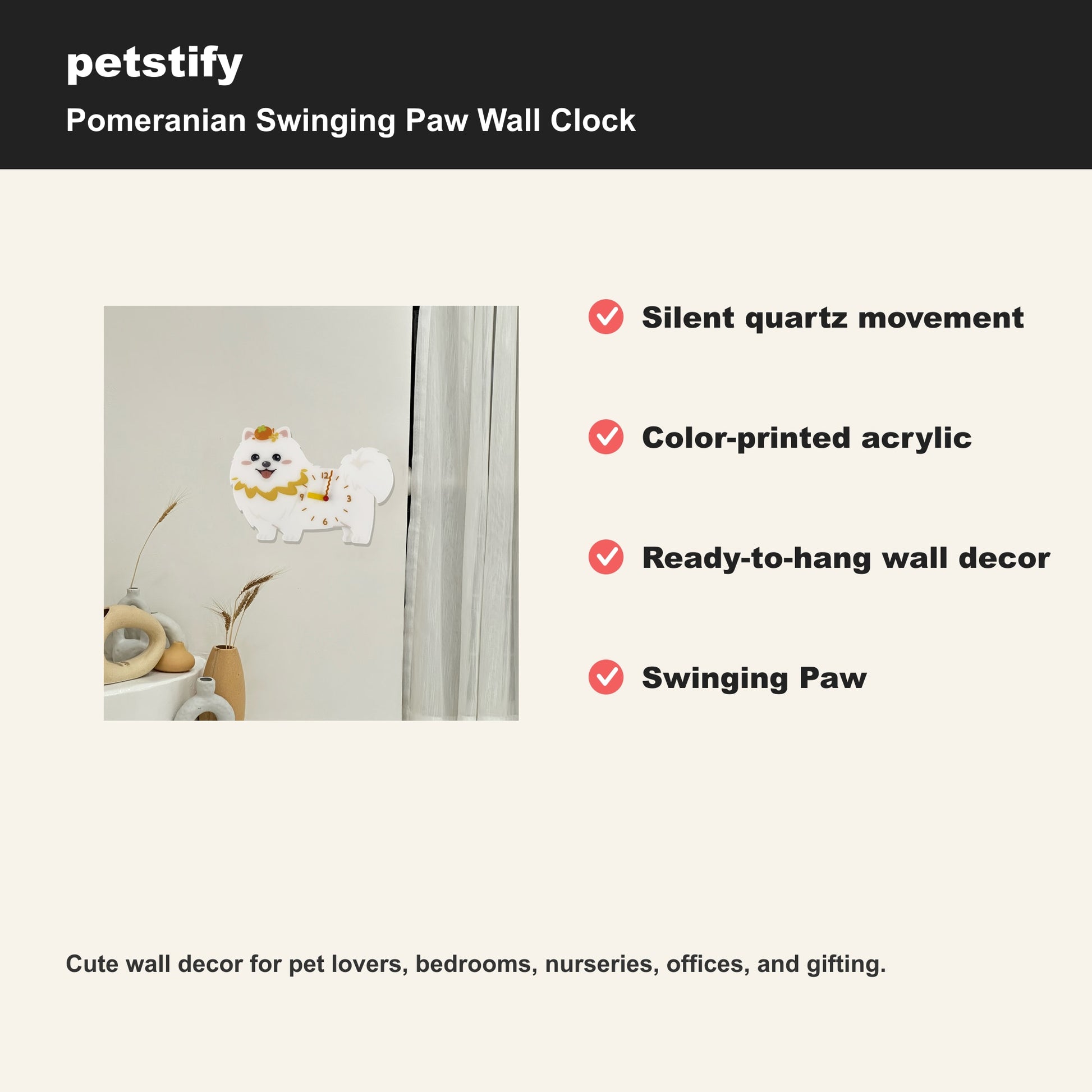 Petstify Pomeranian dog wall clock - alternate angle showing scale and proportions