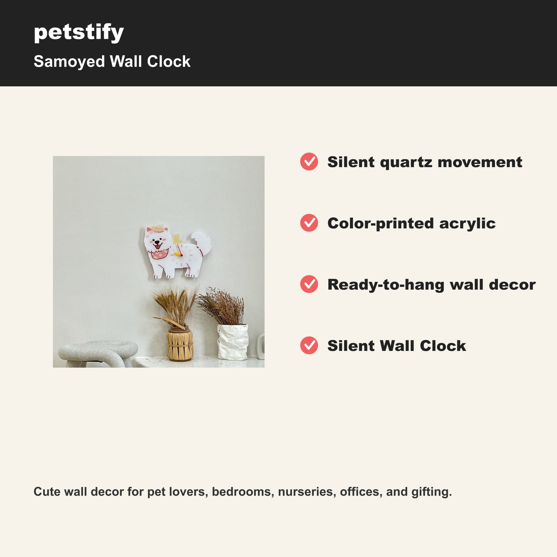 Petstify Samoyed dog wall clock - alternate angle showing scale and proportions