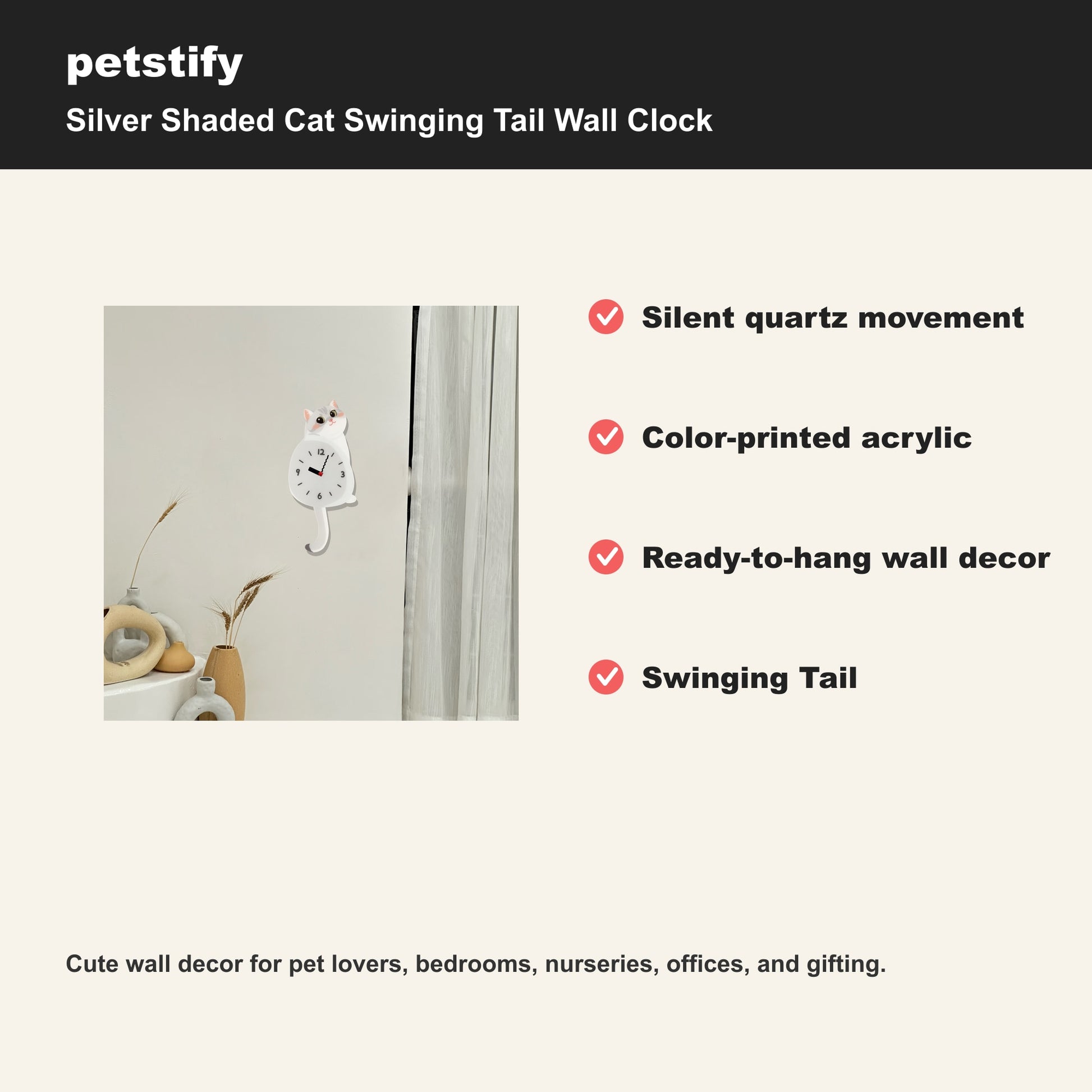 Petstify Silver Shaded Cat cat wall clock - alternate angle showing scale and proportions