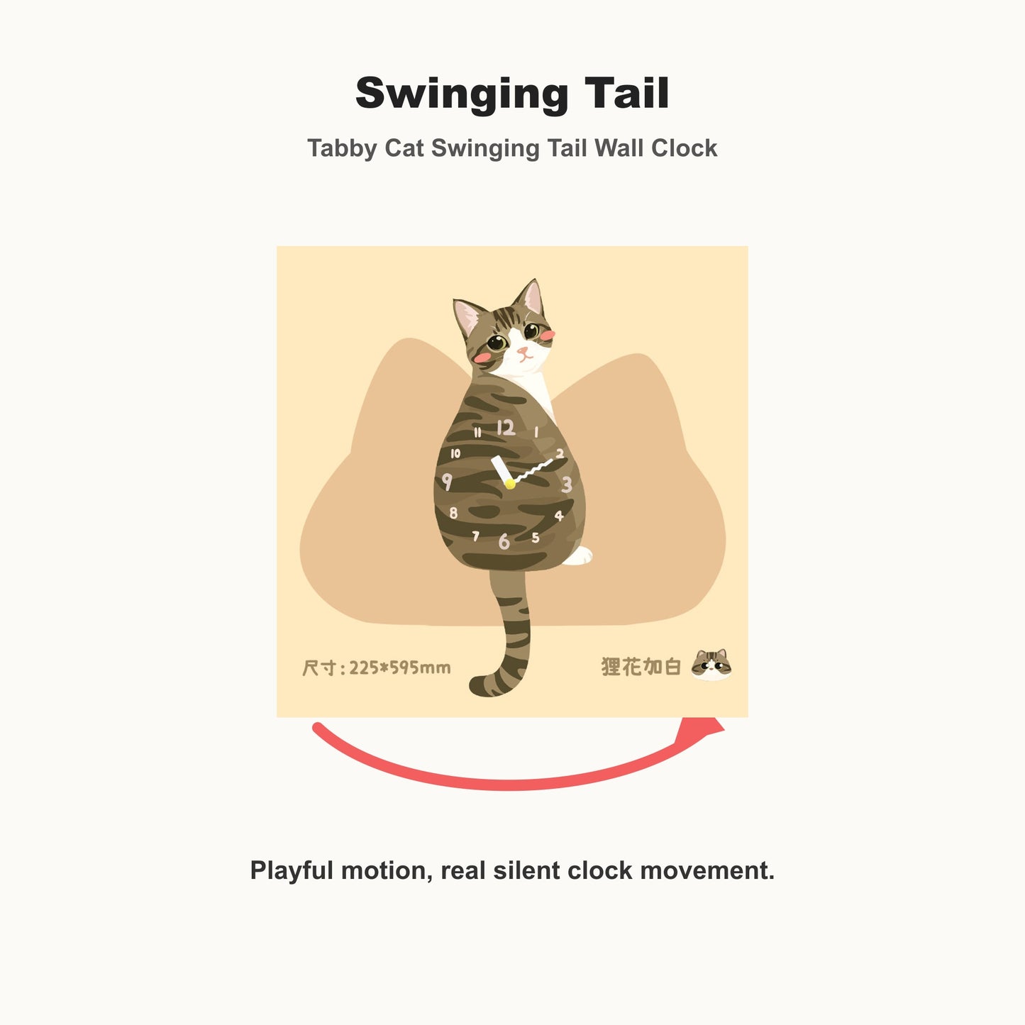 Petstify Tabby Cat cat wall clock - alternate angle showing scale and proportions