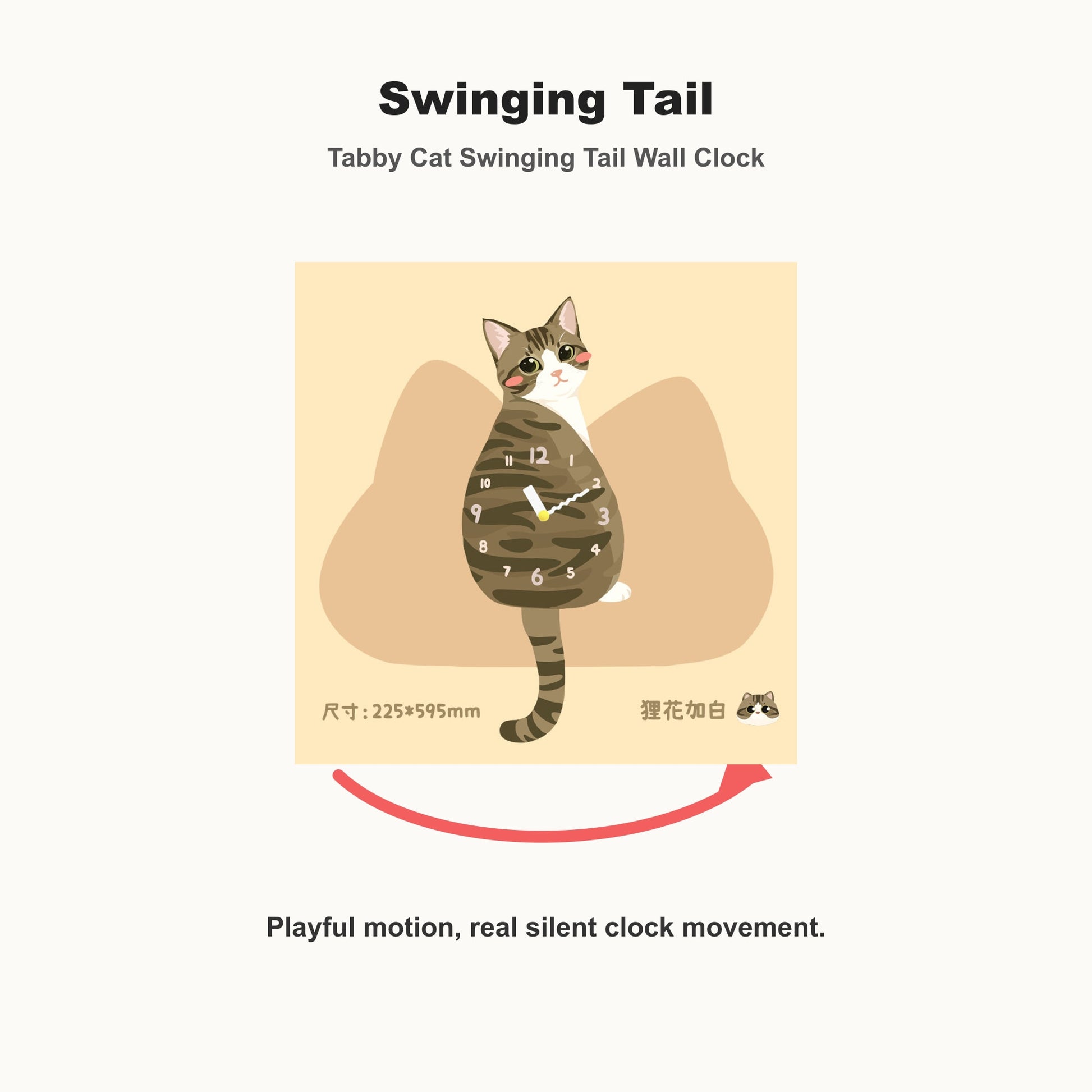 Petstify Tabby Cat cat wall clock - alternate angle showing scale and proportions