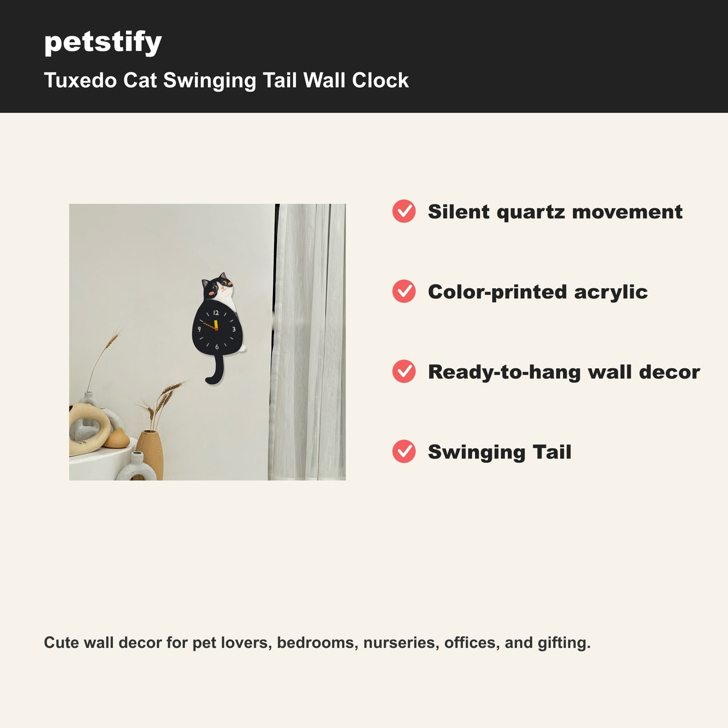 Petstify Tuxedo Cat cat wall clock - alternate angle showing scale and proportions