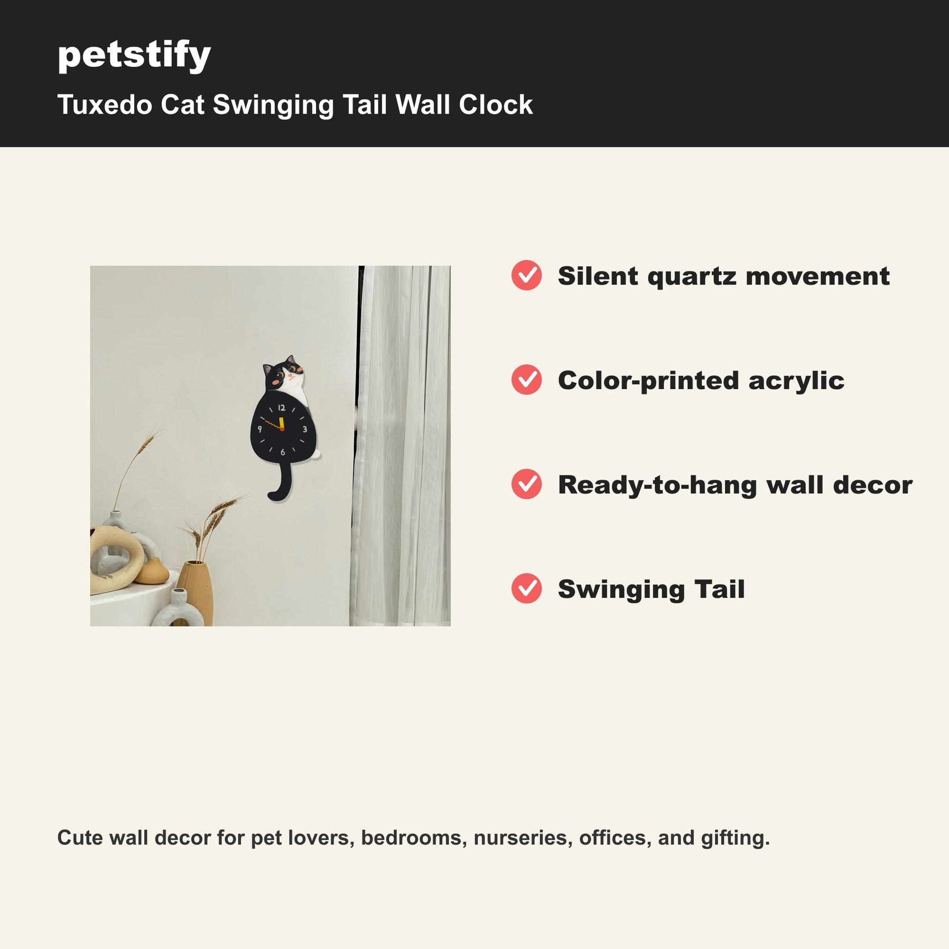 Petstify Tuxedo Cat cat wall clock - alternate angle showing scale and proportions