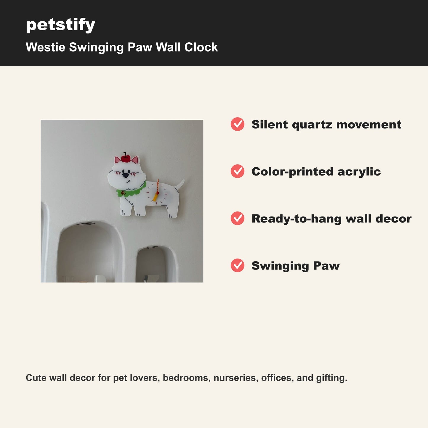 Petstify Westie dog wall clock - alternate angle showing scale and proportions