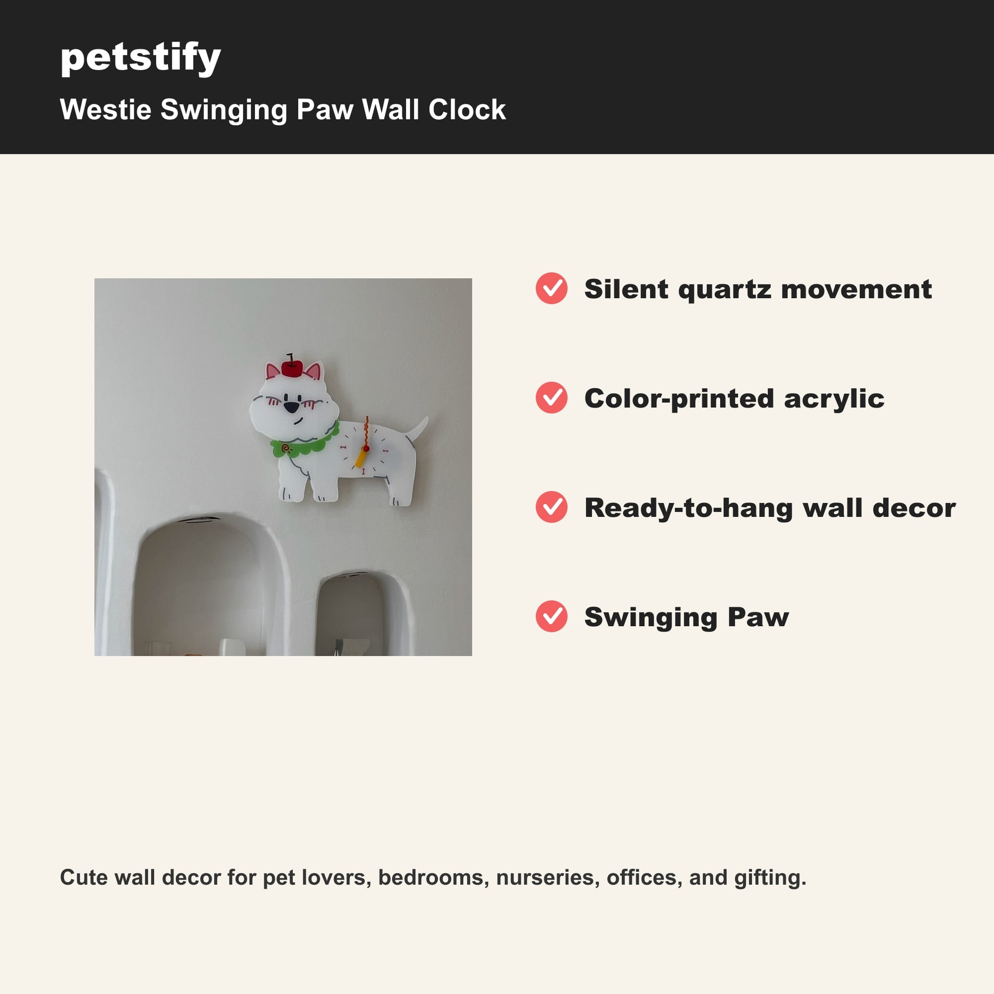 Petstify Westie dog wall clock - alternate angle showing scale and proportions