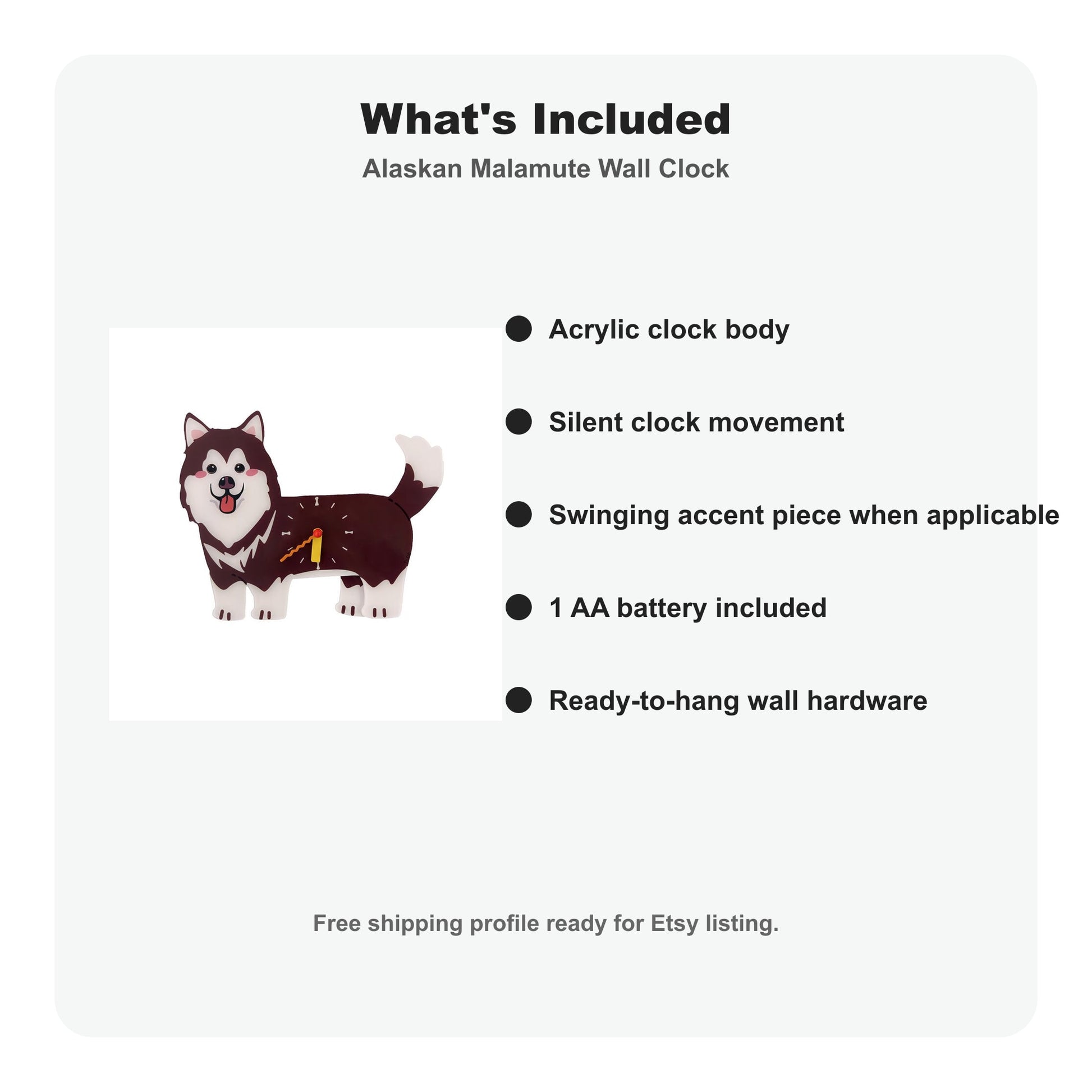 Alaskan Malamute Petstify dog wall clock with swinging poop pendulum