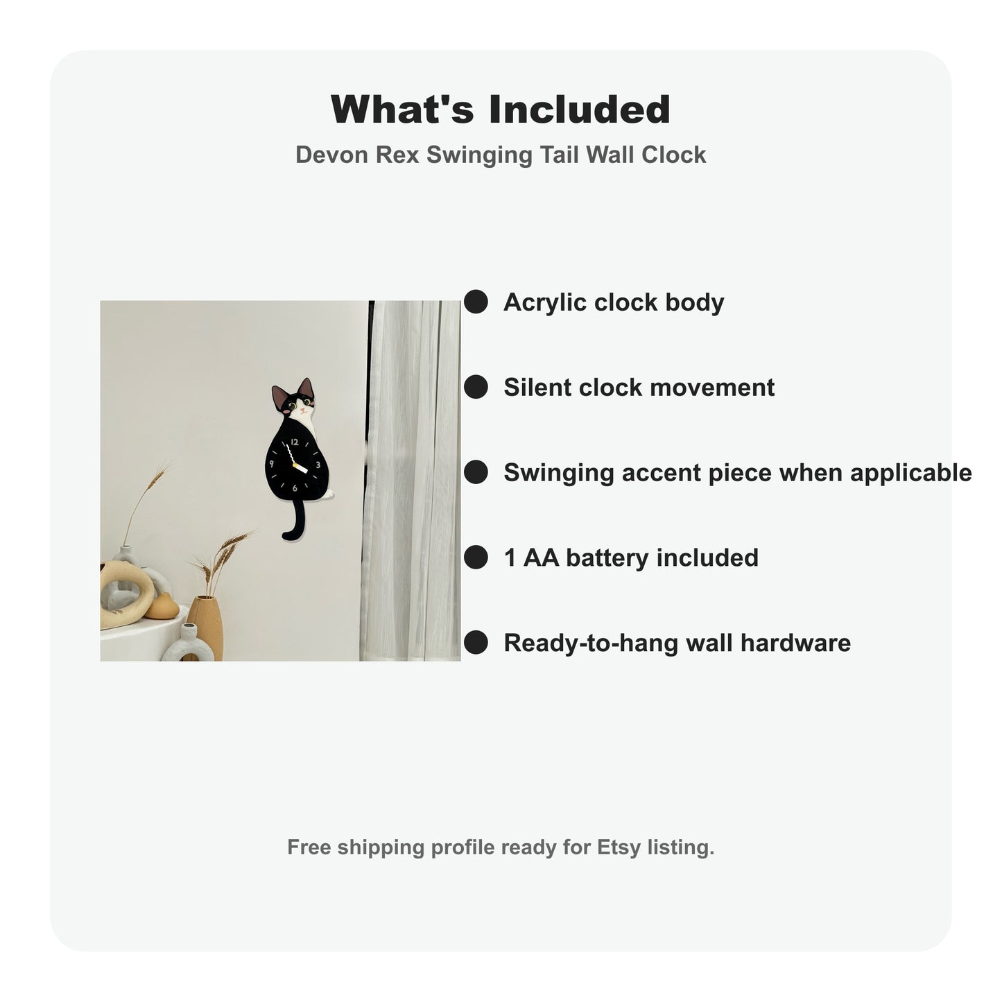 Devon Rex Petstify cat wall clock with swinging tail detail