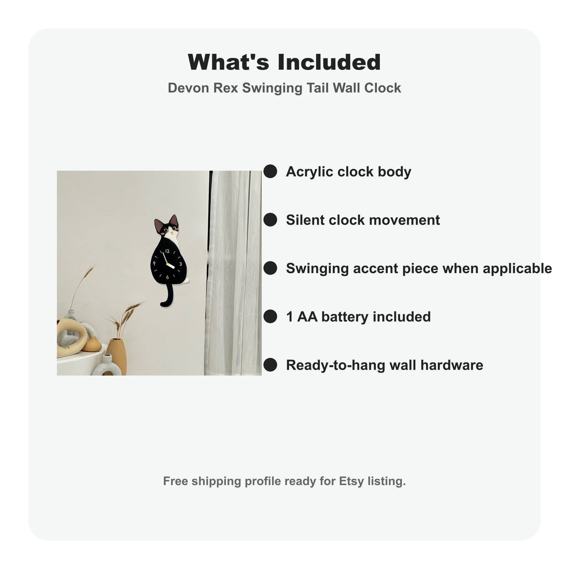 Devon Rex Petstify cat wall clock with swinging tail detail