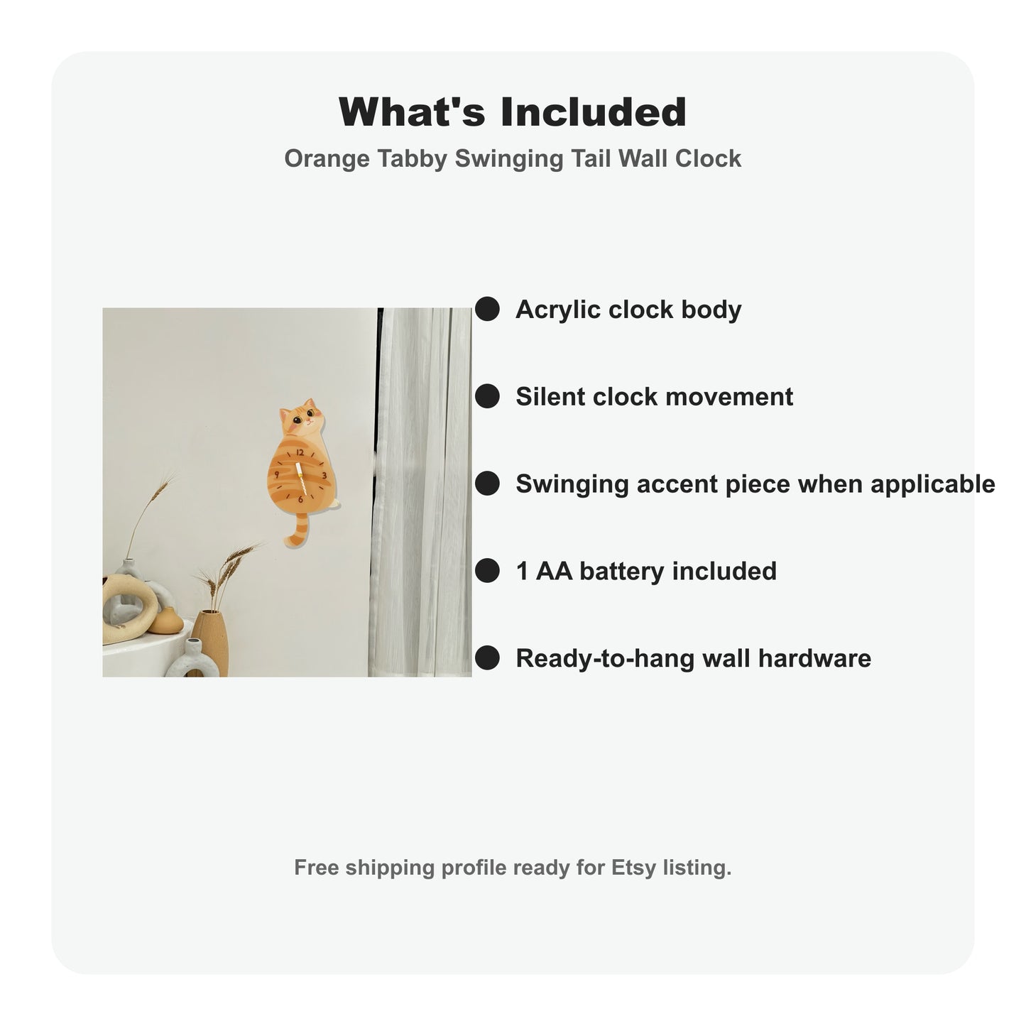 Orange Tabby Petstify cat wall clock with swinging tail detail
