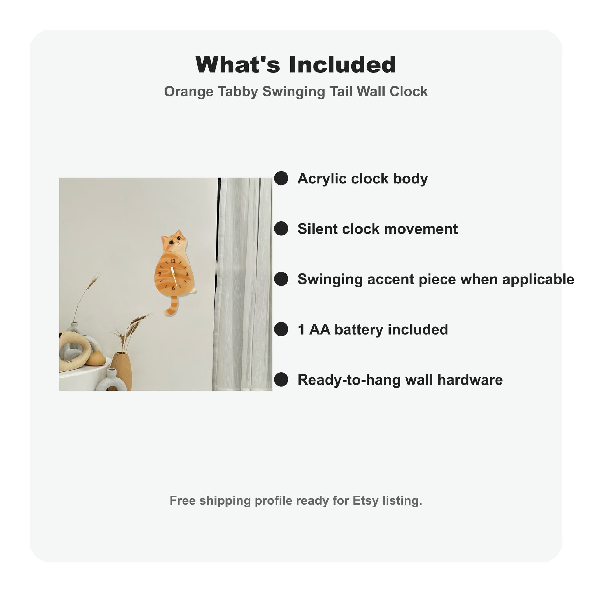 Orange Tabby Petstify cat wall clock with swinging tail detail
