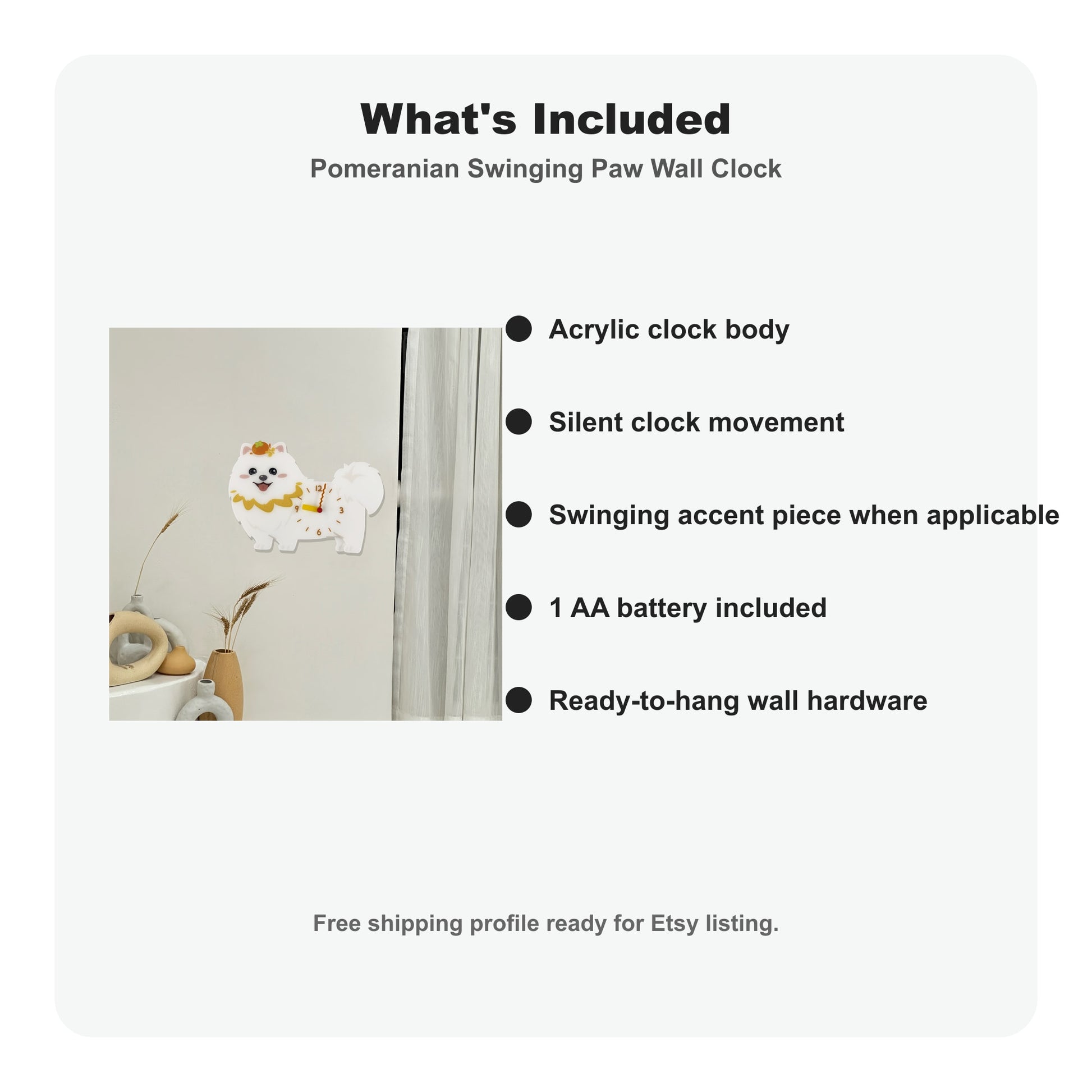 Pomeranian Petstify dog wall clock with swinging paw detail