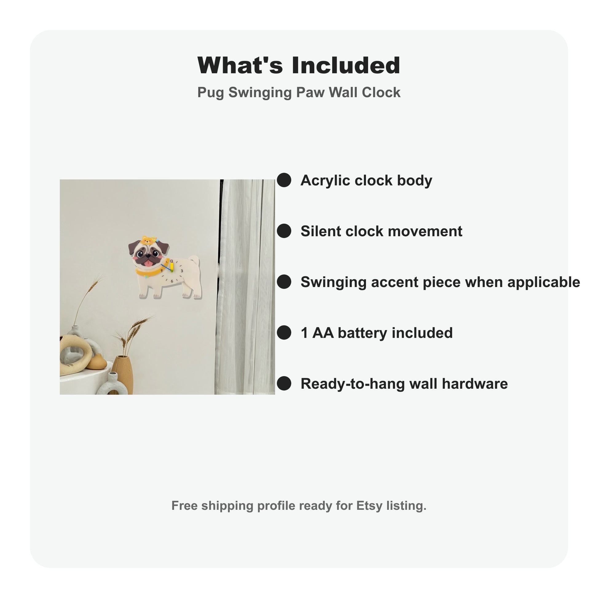 Pug Petstify dog wall clock with swinging paw detail