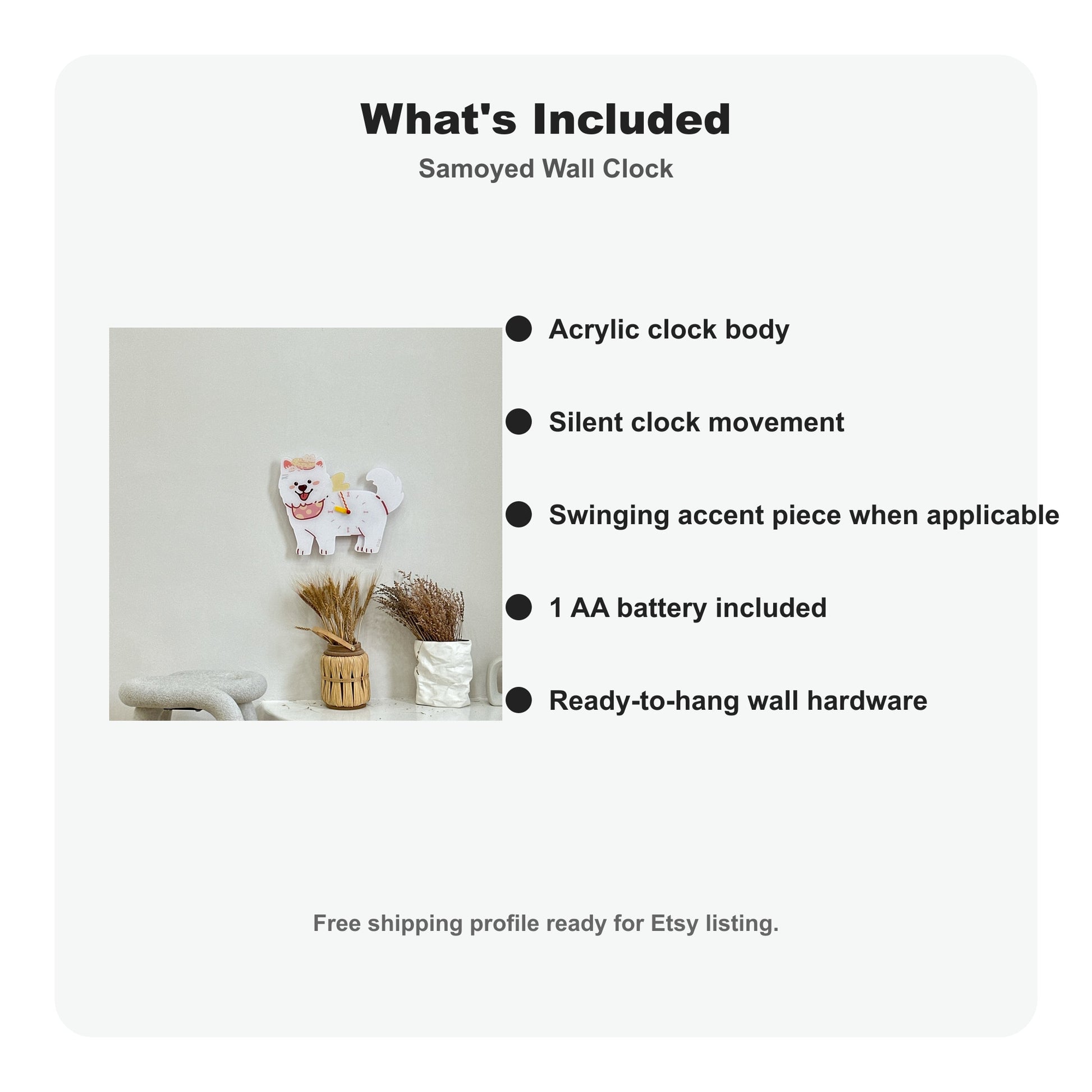 Samoyed Petstify dog wall clock with swinging poop pendulum