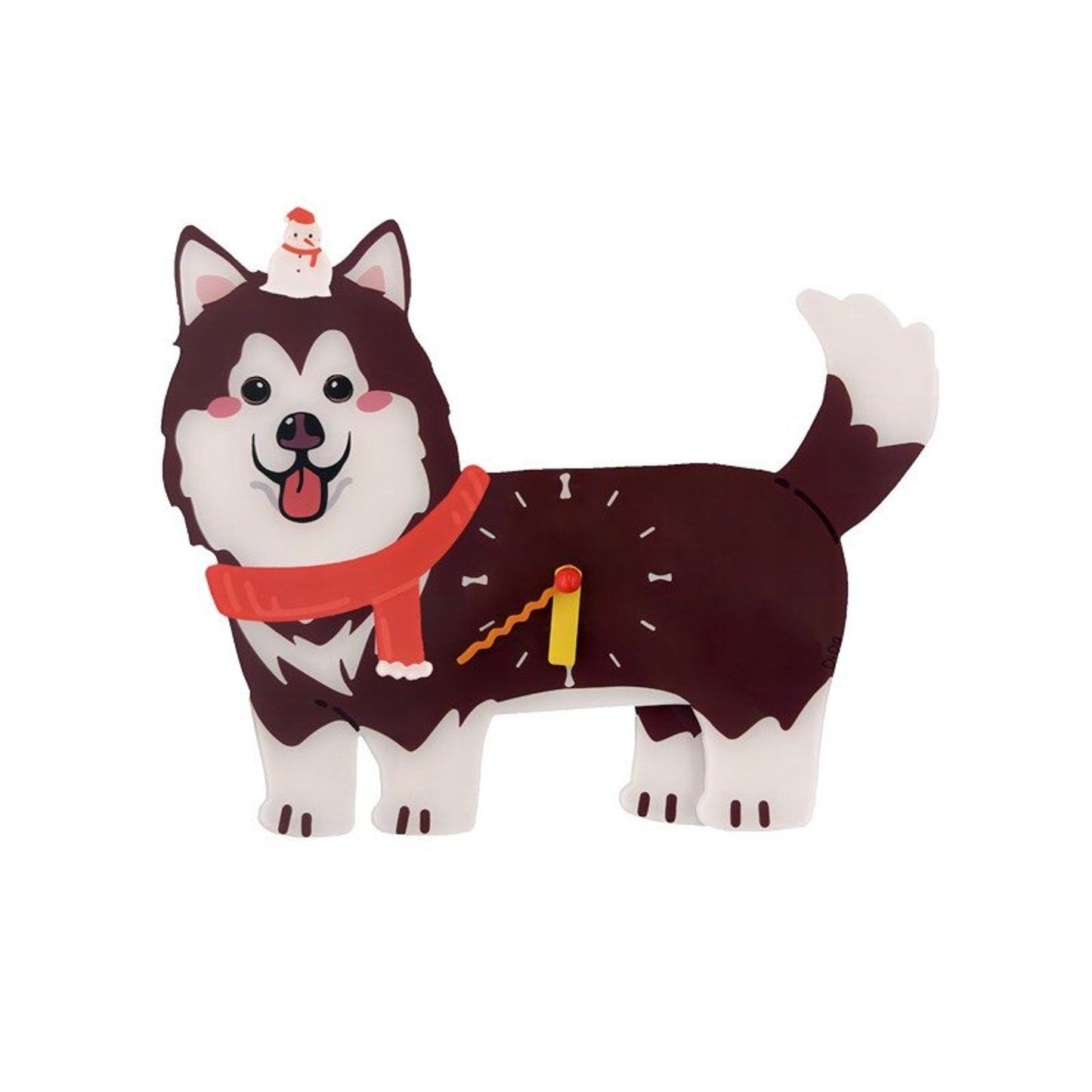 Petstify Alaskan Malamute wall clock brown variant with snowman magnetic accessory