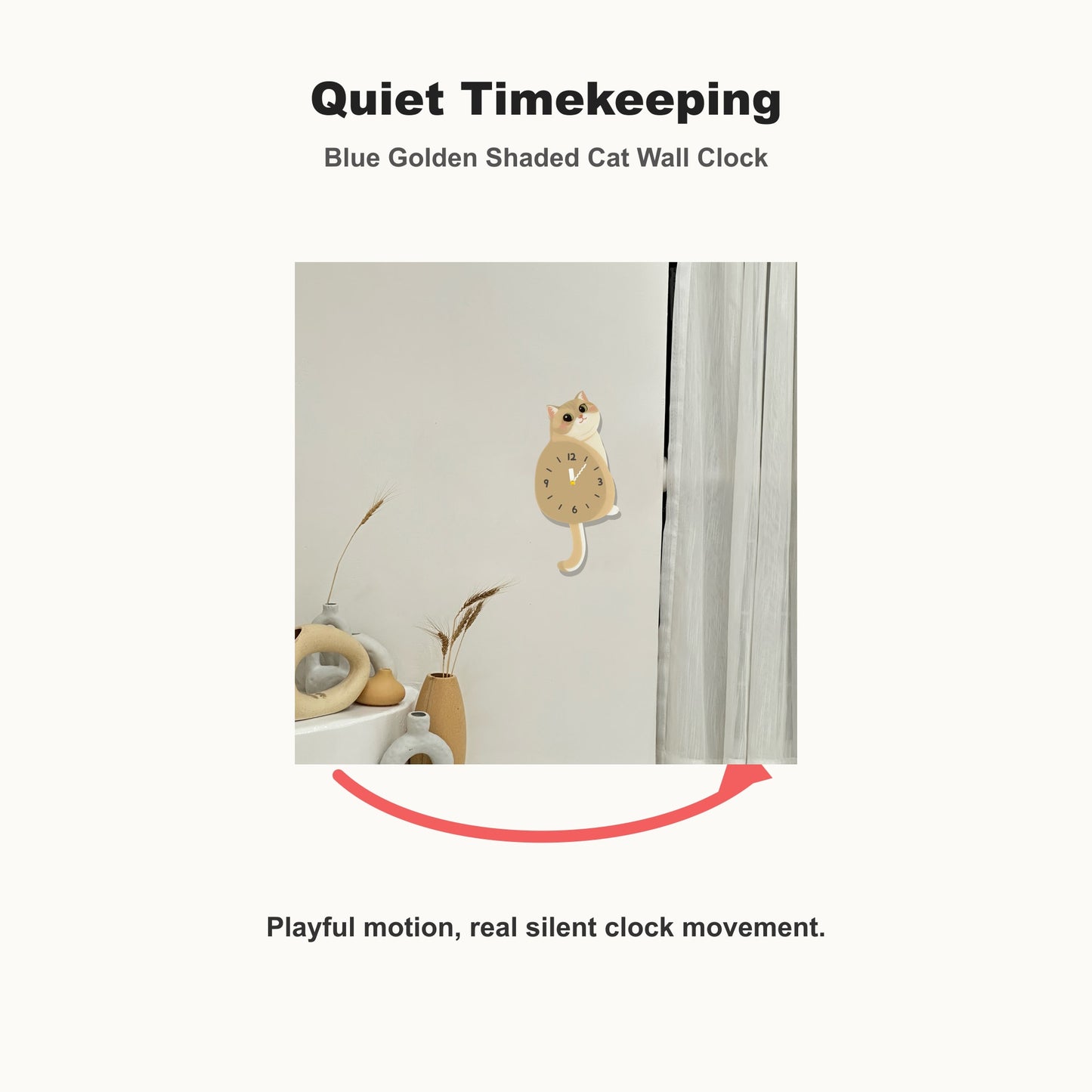 Blue Golden Shaded Cat Petstify cat wall clock with playful swinging detail
