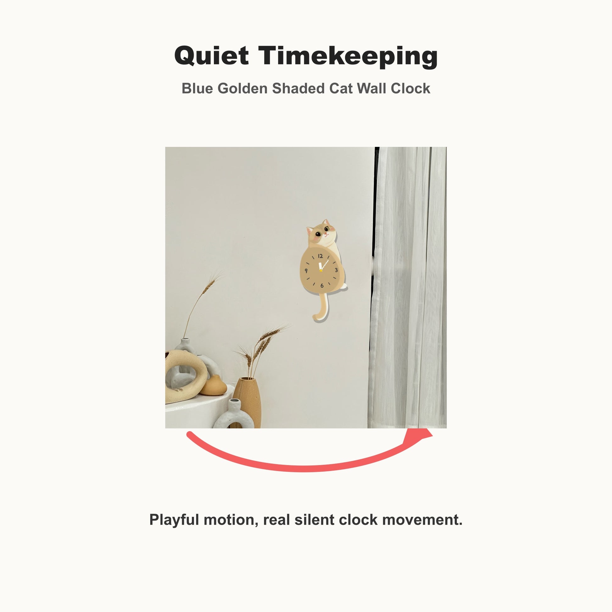 Blue Golden Shaded Cat Petstify cat wall clock with playful swinging detail