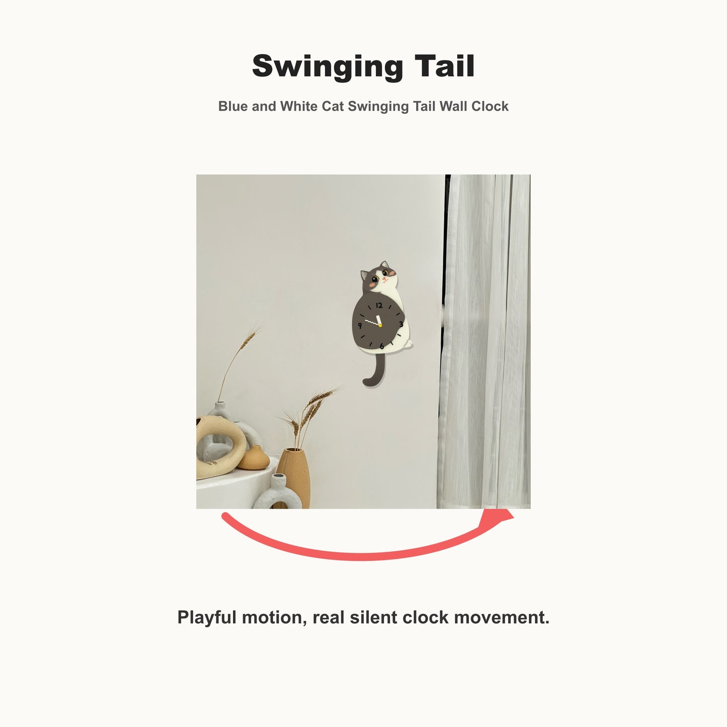 Blue and White Cat Petstify cat wall clock with playful swinging detail