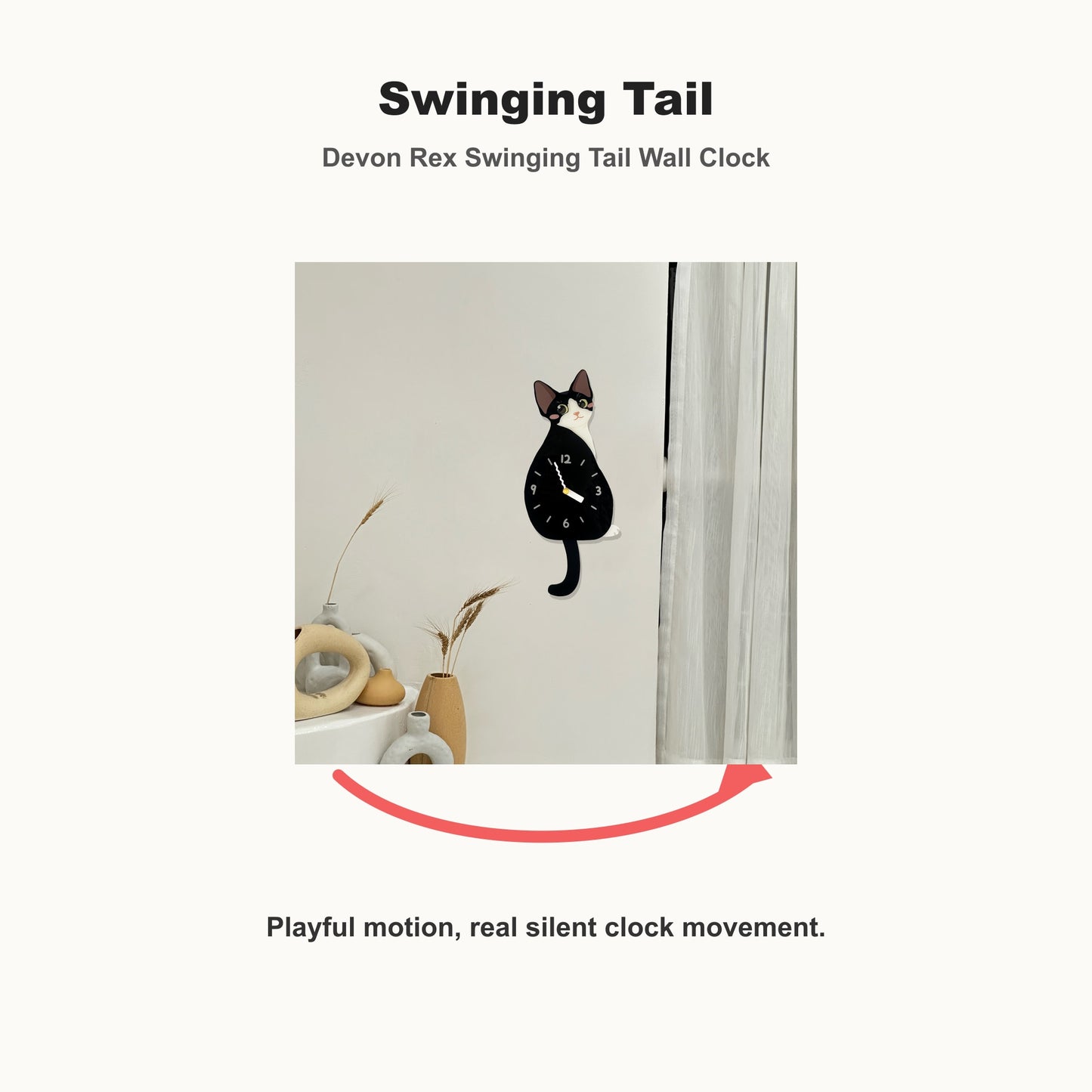 Devon Rex Petstify cat wall clock with swinging tail detail