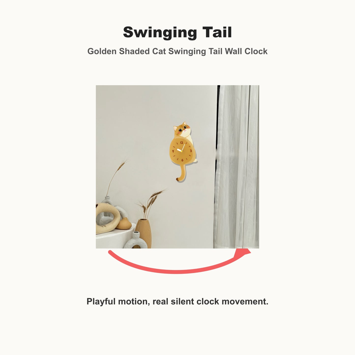 Golden Shaded Cat Petstify cat wall clock with playful swinging detail