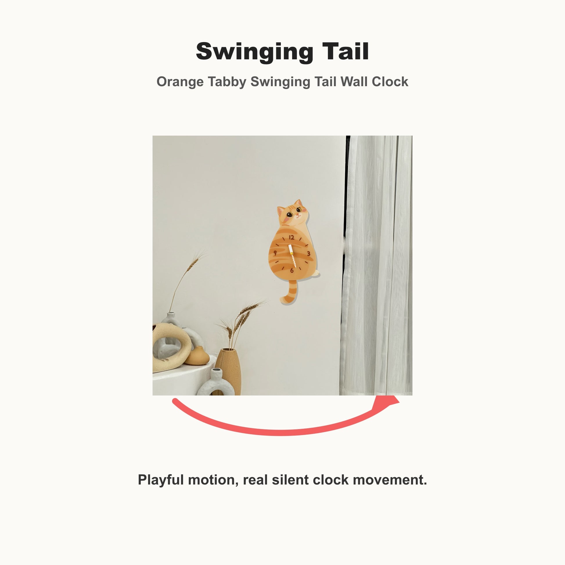 Orange Tabby Petstify cat wall clock with swinging tail detail