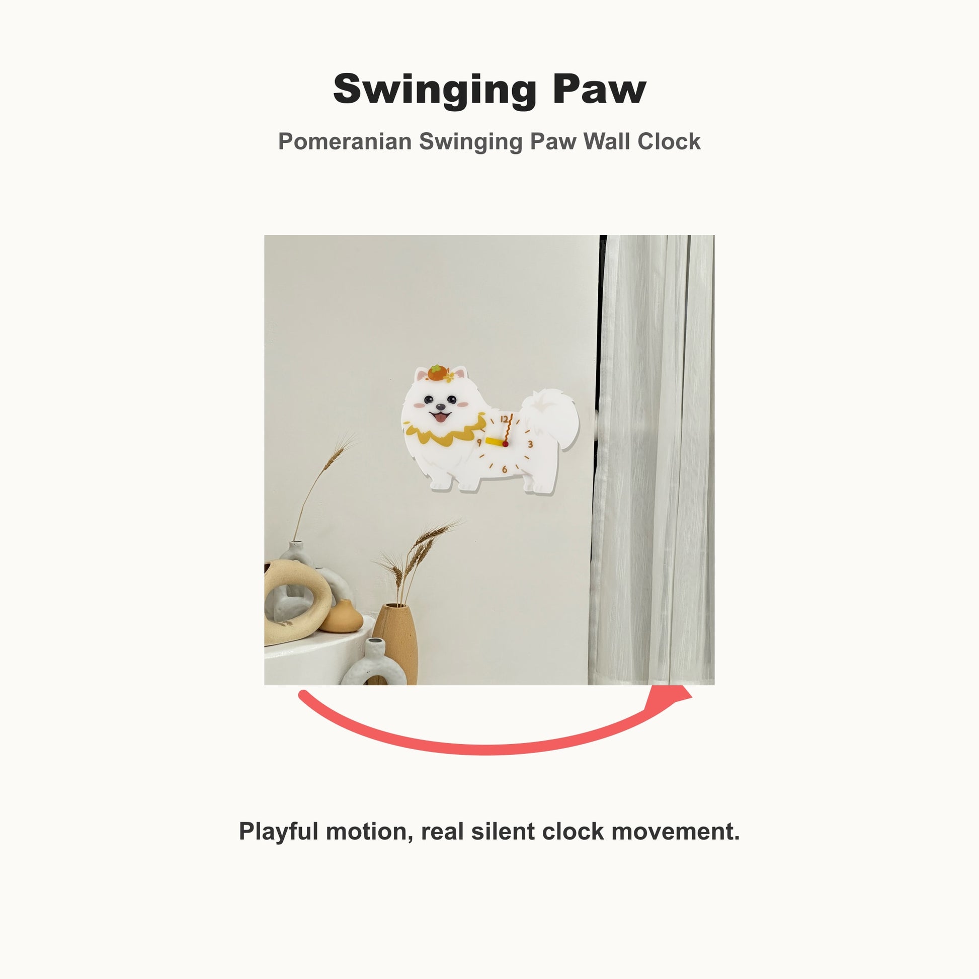 Pomeranian Petstify dog wall clock with swinging paw detail