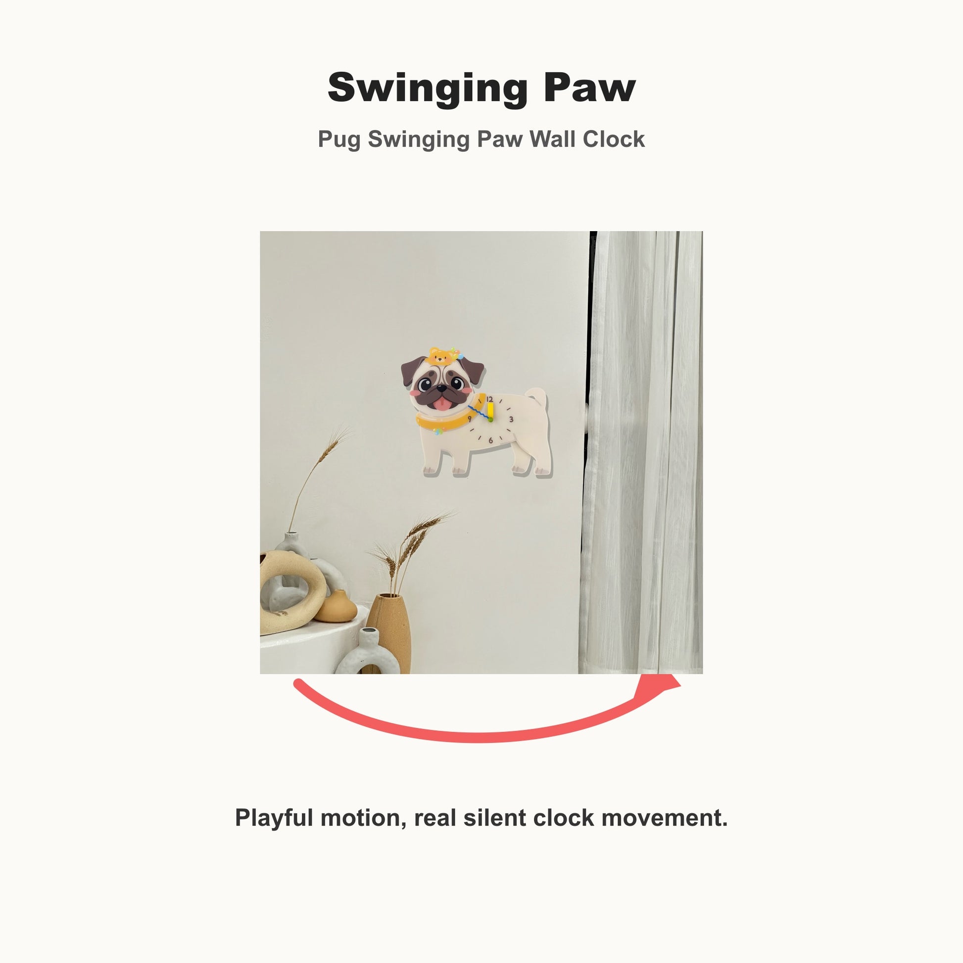Pug Petstify dog wall clock with swinging paw detail