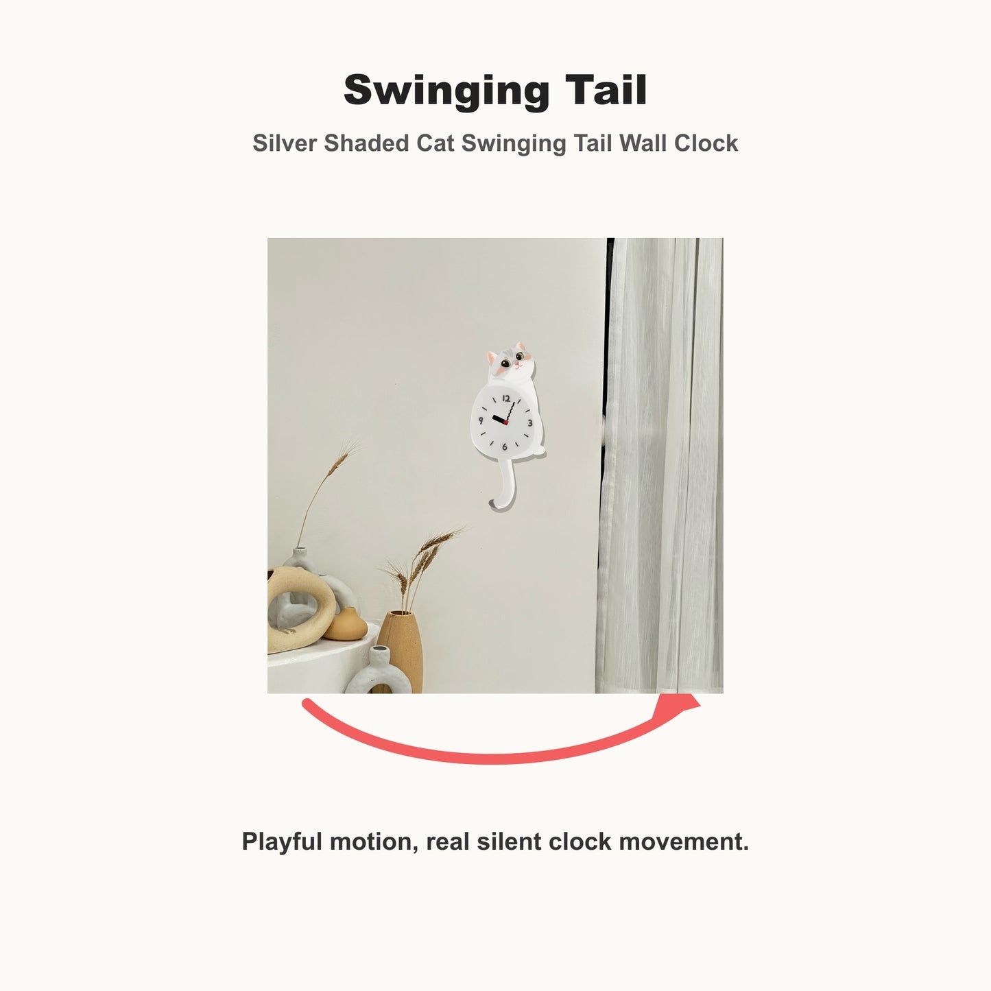 Silver Shaded Cat Petstify cat wall clock with playful swinging detail