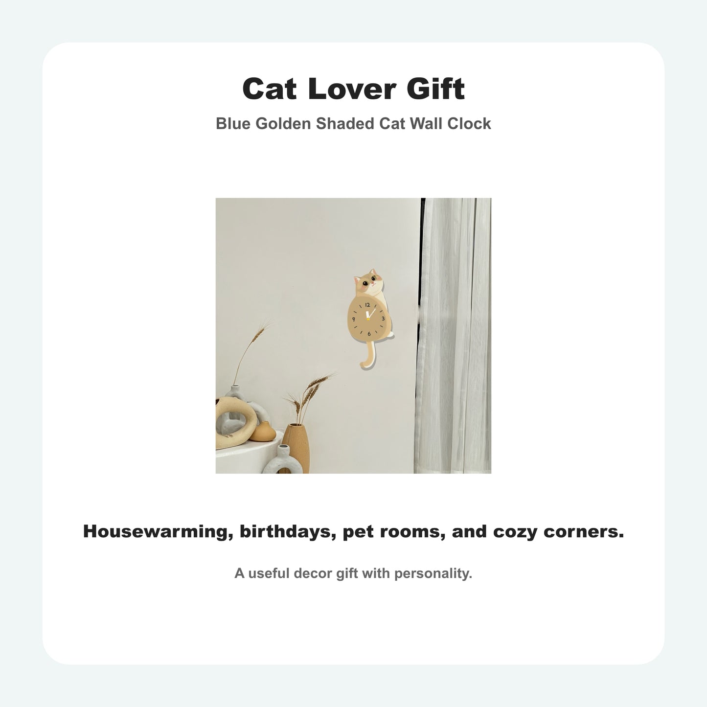Blue Golden Shaded Cat Petstify cat wall clock with playful swinging detail