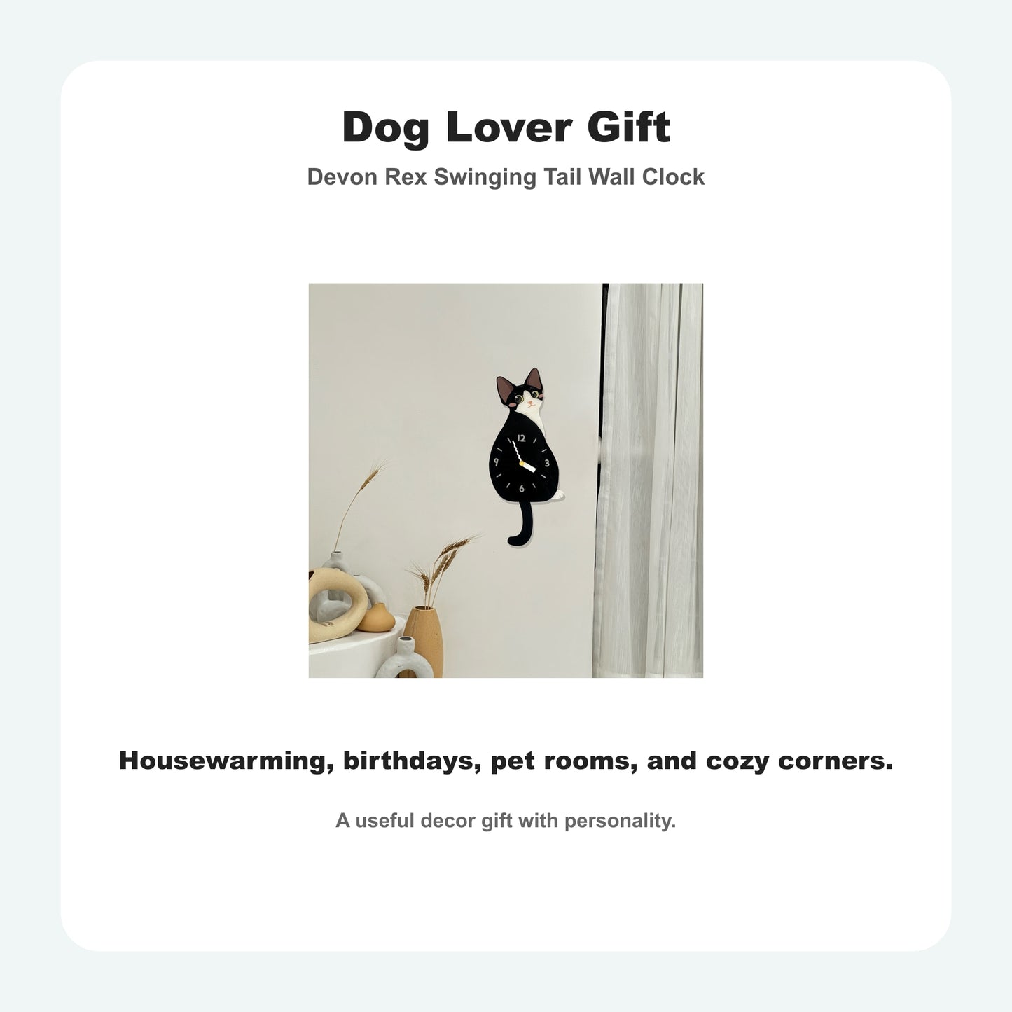 Devon Rex Petstify cat wall clock with swinging tail detail